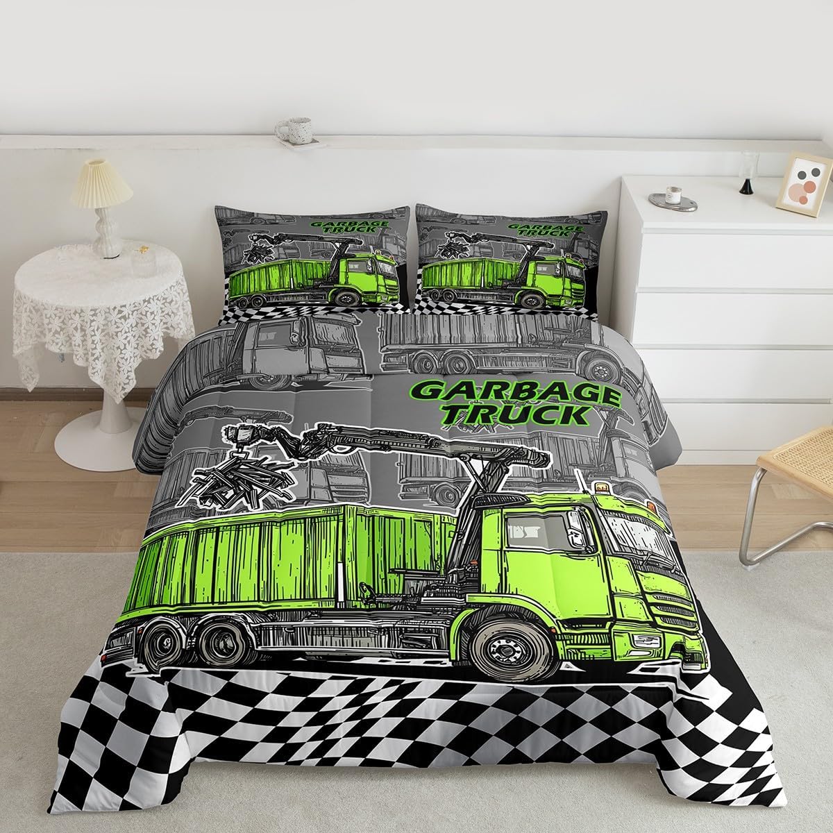 Garbage Truck Kids Comforter Set Queen Size,Green Rubbish Car Bedding Set,Girls Boys Adults Room Decor,Geometric Checkerboard Patchwork Down Comforter,Black White Chic Duvet Insert,2 Pillowcases