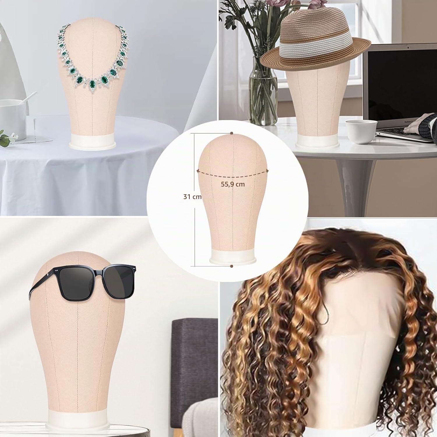 Tête de perruque 58 cm, tête décorative avec support 160 cm, mannequin en toile, pince de table, stylos T et brosse à cheveux, beige