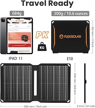 FlexSolar 10W 5V USB Foldable Solar Panel Charger IP67 Waterproof | Compact Portable for Camping, Hiking, Backpacking Emergency Charging Phones, Watches, Fans, Flashlights and Power Banks