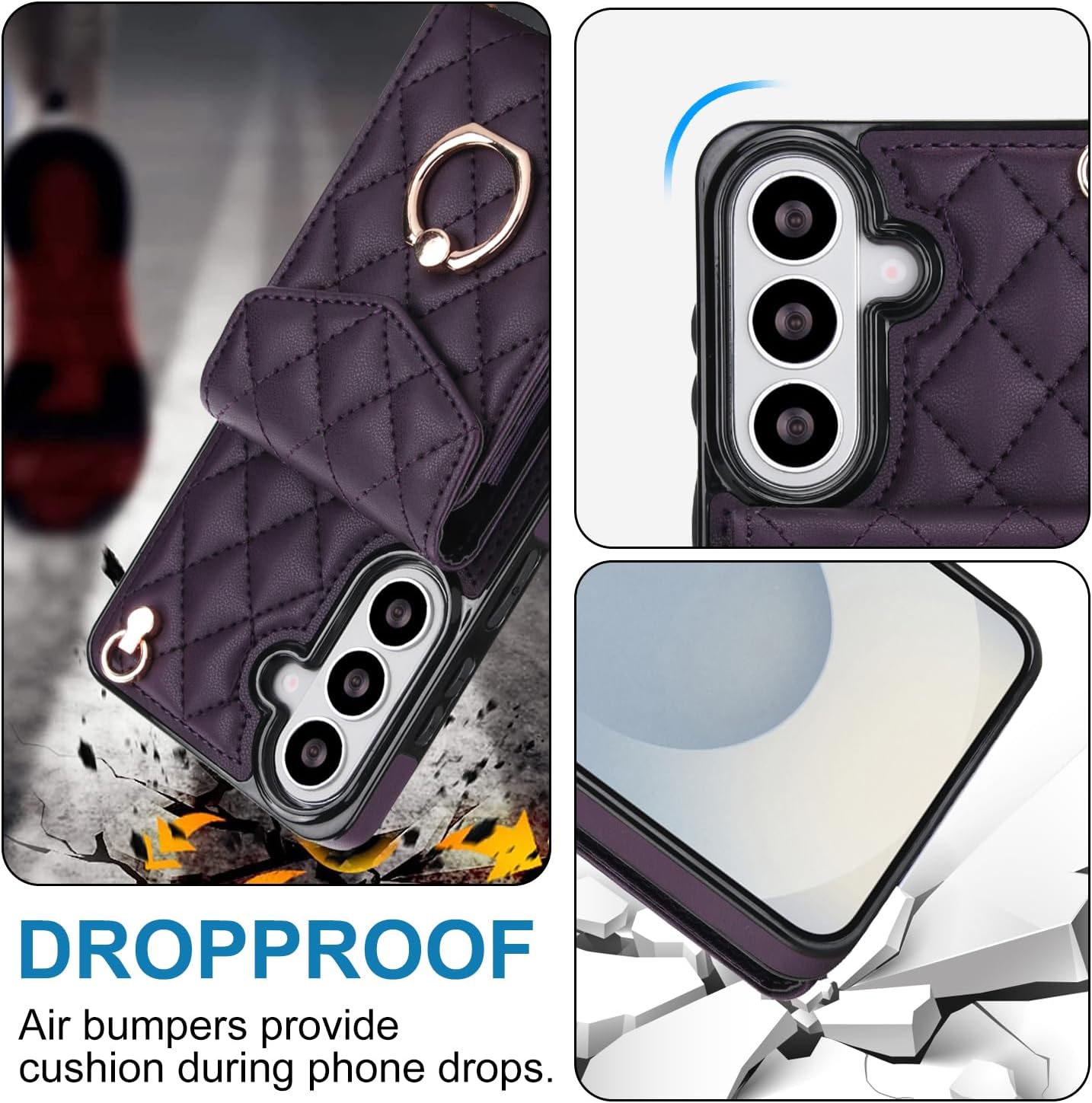 Asuwish Phone Case for Samsung Galaxy S26 5G Wallet Cell Cover with Tempered Glass Screen Protector Crossbody Wrist Strap Ring RFID Blocking Card Holder S 26 26S G5 6.3 inch Women Girls Dark Purple