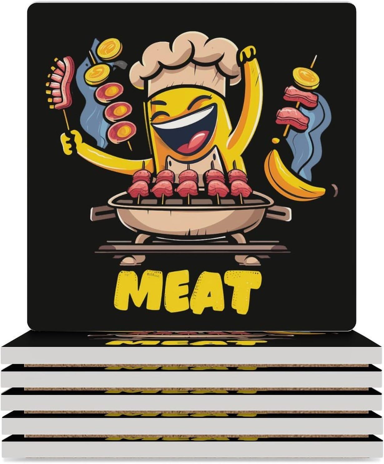 Banana BBQ Meat Coaster for Drinks Square Ceramic Table Coasters Stone Mat Crafts 6PCS Home Kitchen Decor