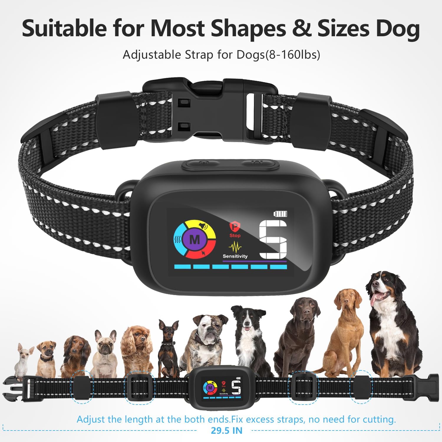 Dog Bark Collar - Rechargeable, IP67 Waterproof, 8 Sensitivity Levels, Beep/Vibration/Shock