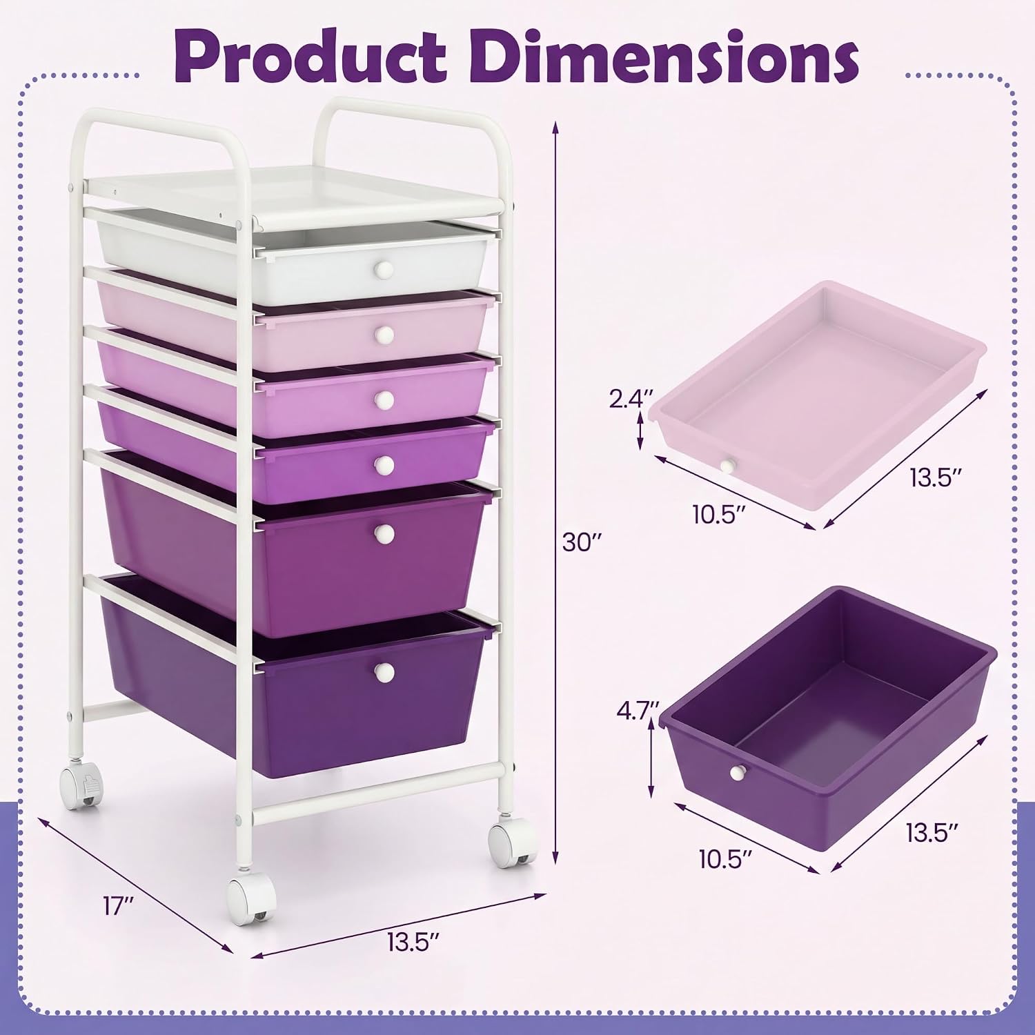 COSTWAY 6-Drawer Rolling Storage Cart, Multifunctional Art Supply Craft Tools Organizer on Wheels, Utility Mobile Storage Trolley w/ 2 Lockable Wheels for Home Office School (Purple Gradient,6 Drawer)