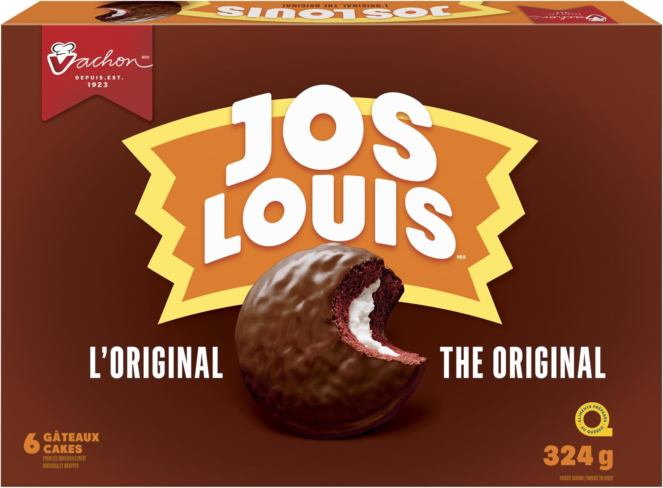 Jos Louis the Original 6-delicious Sponge Cake with Vanilla-flavoured Creme Filling Coated in a Chocolatey Layer, 324g, 11.4 Oz Box. Made in Montreal Quebec Canada