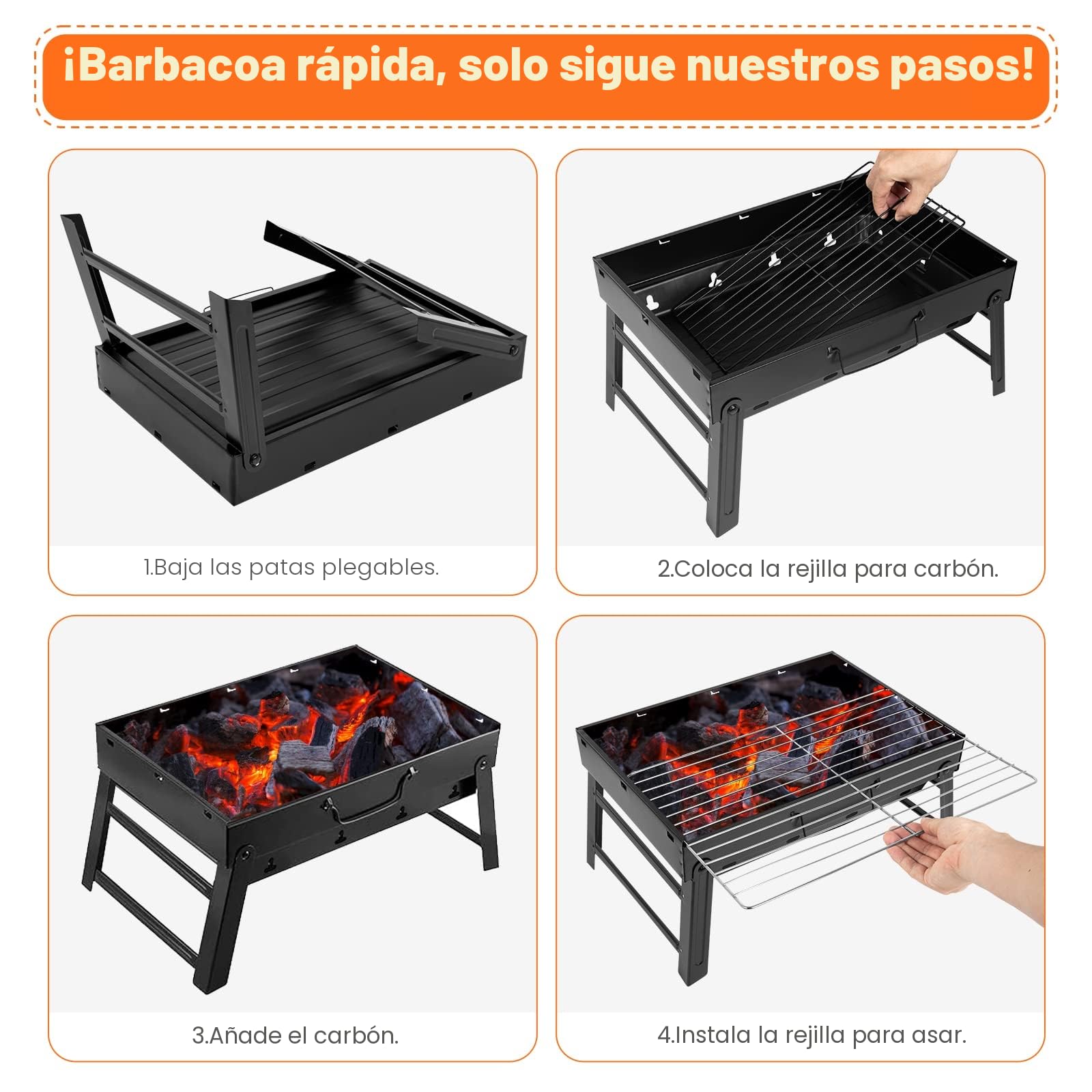 AGM Barbacoa de carbón portátil para 5 a 7 personas, mediana parrilla de carbón plegable portátil para picnic, viajes, terraza o camping en el jardín (52 x 29 x 22 cm)