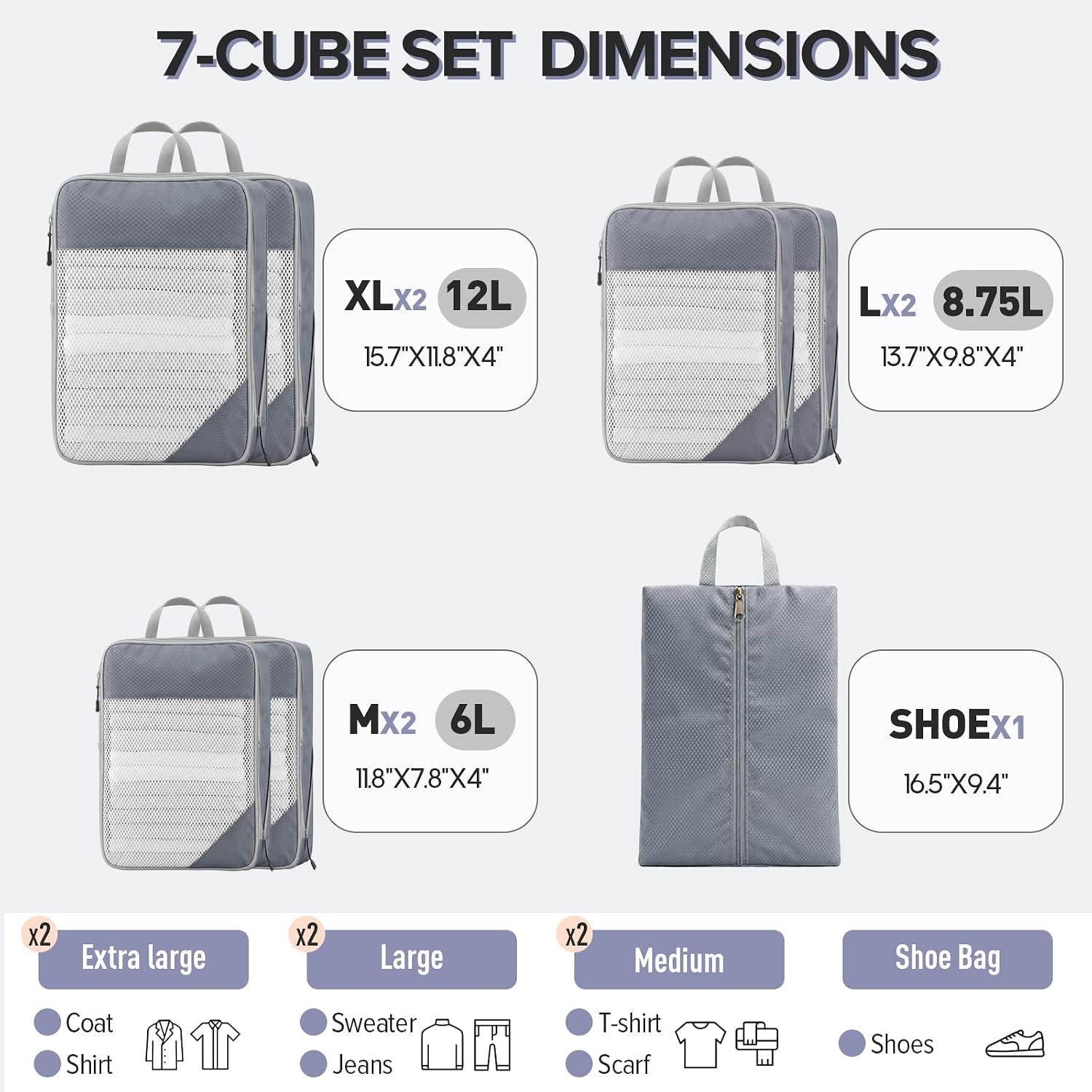 Sutinban 7-Piece Compression Packing Cubes for Travel, 6 Expandable Luggage Organizer Bags and Shoe Bag, Water-Resistant Mesh Suitcase Organizers, Grey