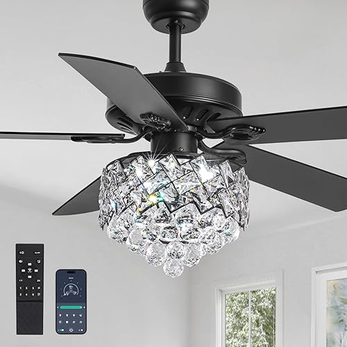 CROSSIO Ventilador de techo moderno de cristal con luces de 52 pulgadas, ventilador de techo reversible negro para dormitorio, comedor, sala de estar