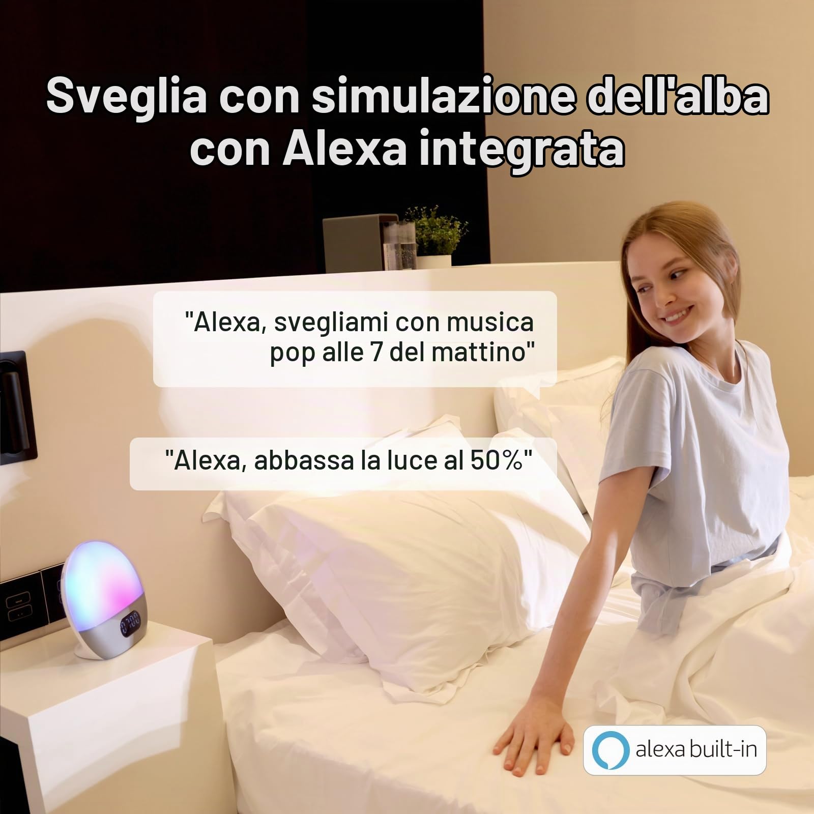 WiiM Wake-up Light, Alexa integrata, scelte sonore illimitate, sveglia all-in-one all'alba, macchina del suono, routine del sonno e altro ancora (Argento lucido)