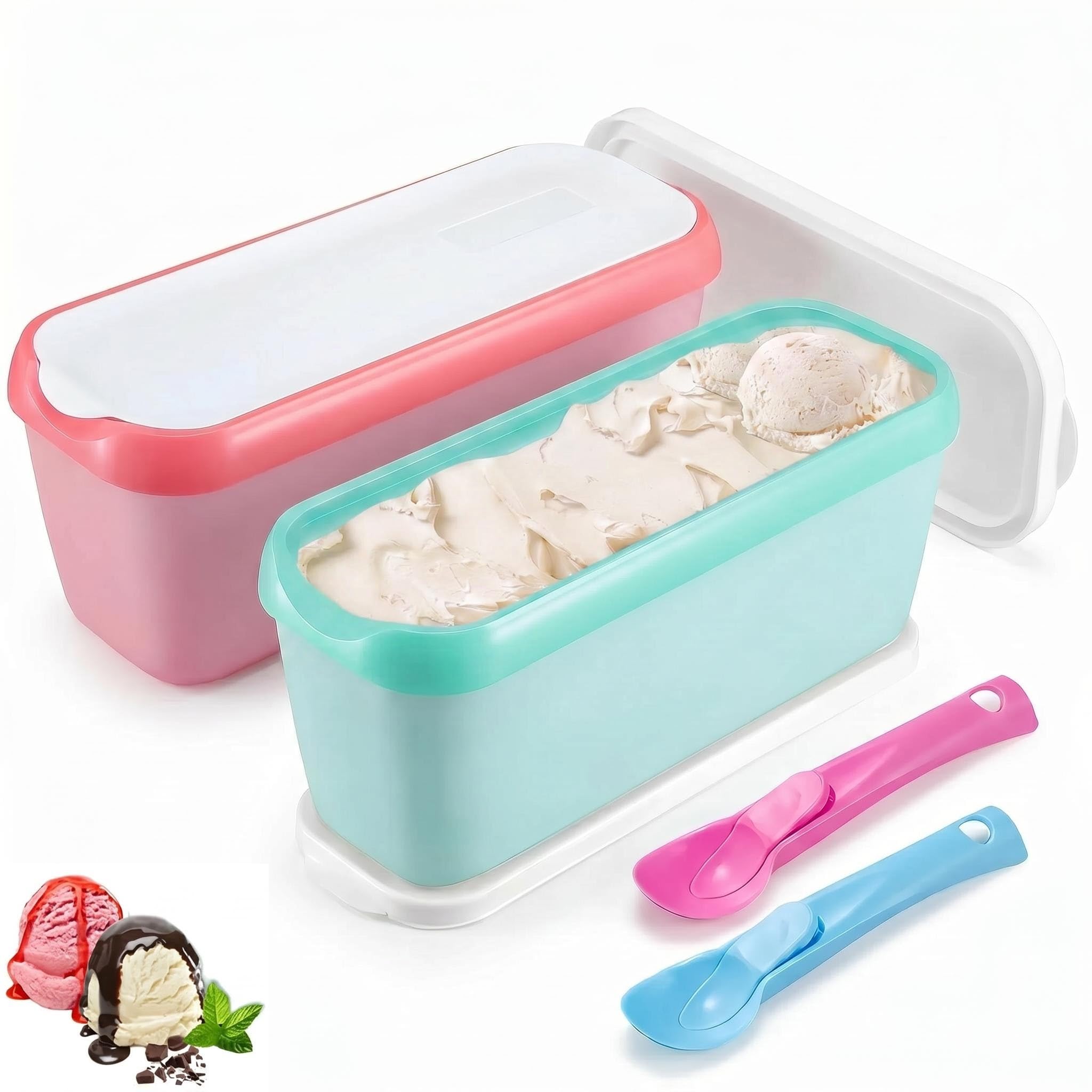 2 Pcs Ice Cream Tub with Lids, 1.5L Ice Cream Containers with 2 Spoon, Reusable Freezer Storage Tubs BPA-Free for Homemade Gelato, Sorbet, Frozen Yoghurt (Mint Green & Orange