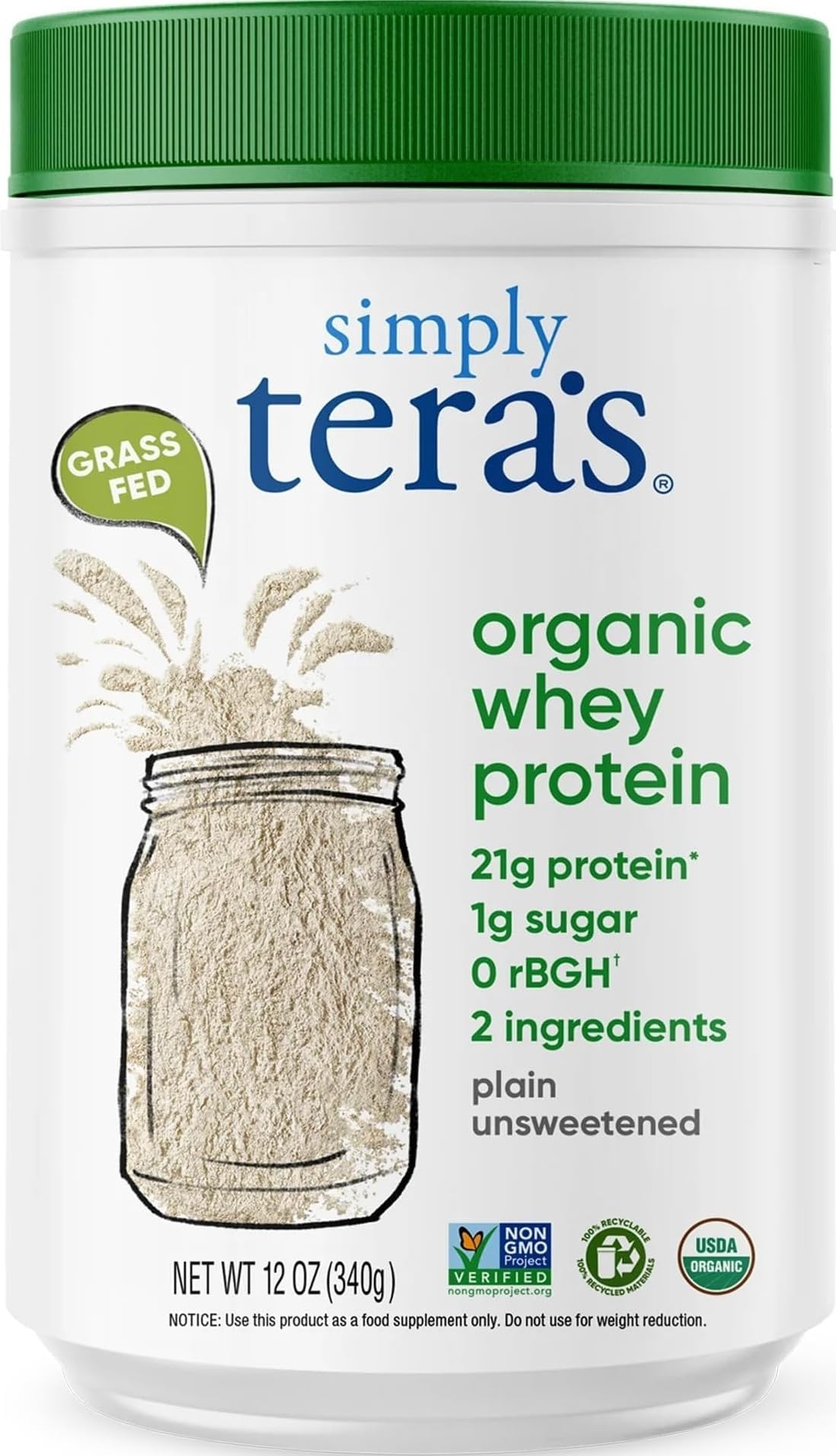 Organic Whey Protein Powder, Plain Unsweetened - 12 Oz | Grass Fed Whey Protein Powder Without Artificial Sweeteners, Non-GMO, Kosher, Gluten-Free
