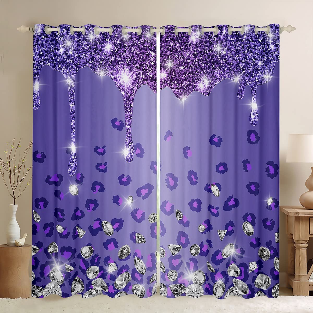 Homemissing Glitter Diamond Leopard Dreapes Purple Silver Shiny Animals Curtains for Bedroom Living Room Luxury Colorful Bling Blackout Curtains(30%-50%) Window Treatments