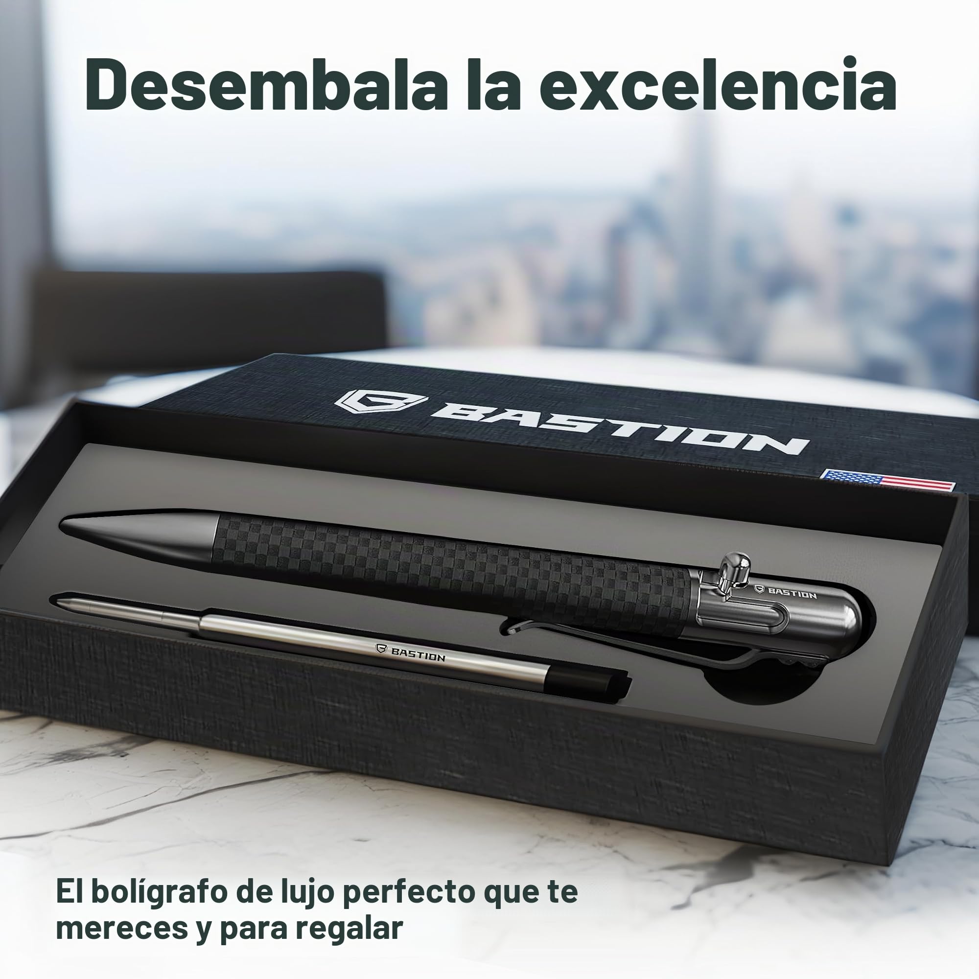 BASTION Bolígrafo de acción Bolt, ejecutivo de lujo de fibra de carbono | Bolígrafo de escritura comercial retráctil recargable de tinta (fibra de carbono/acero inoxidable)