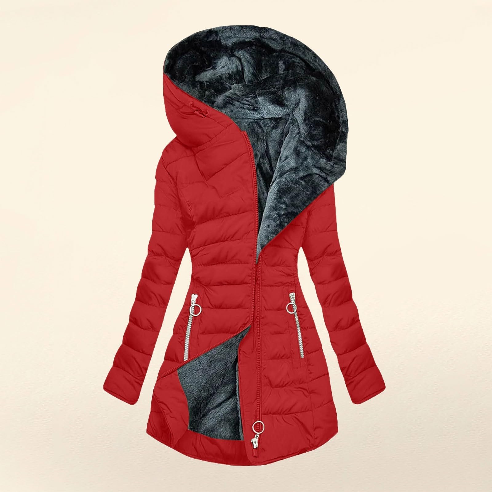 Wintermantel Damen Warm Gefüttert Steppjacke Lange Elegant Damenmantel Langarm Winter Parka Jacke mit Kapuze Winterparka Mantel Einfarbig Bequemes Sportjacke Winddicht Outdoorjacke