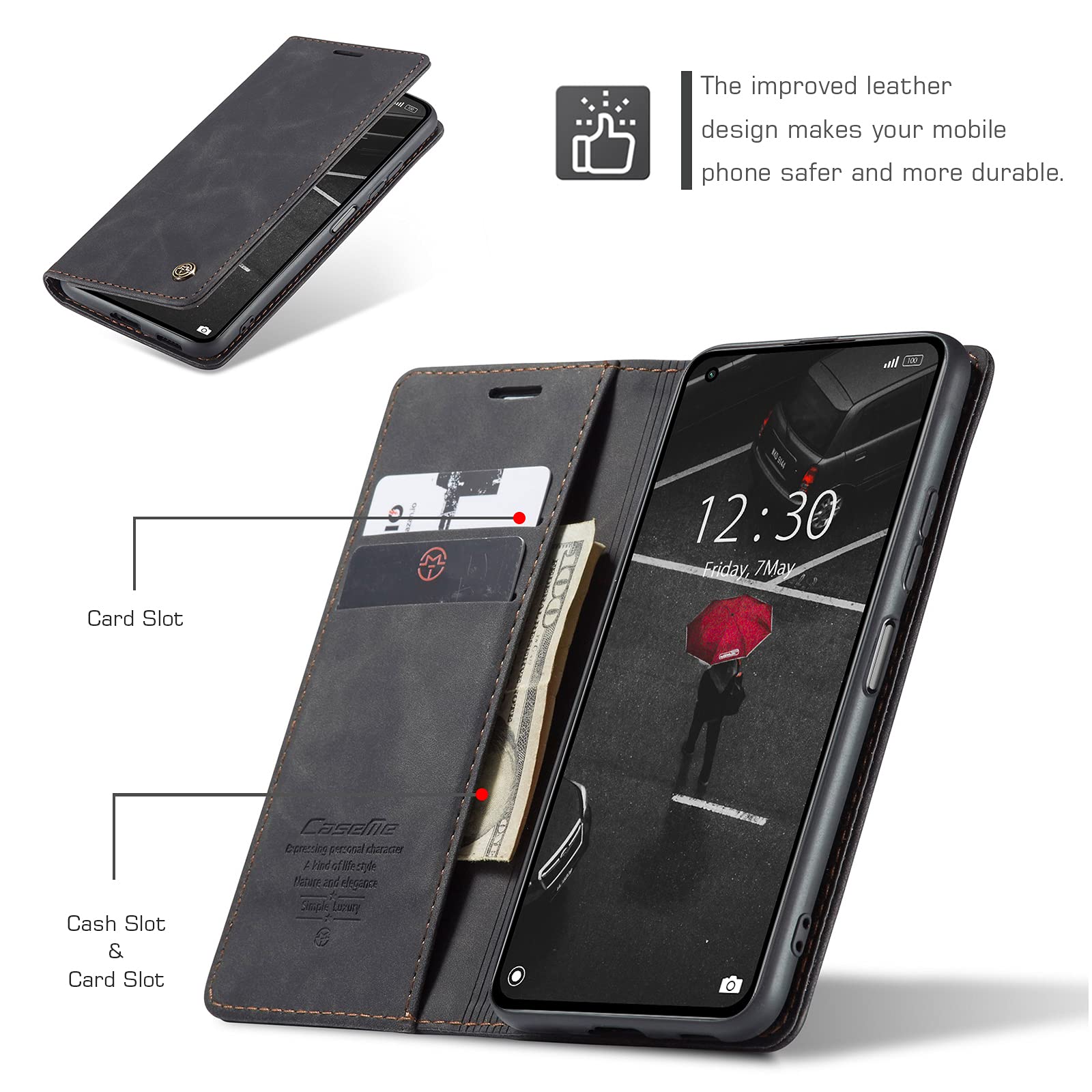 UFinetech Cover per Xiaomi Mi 11 Lite, TPU Pelle Custodia Xiaomi Mi 11 Lite 5G, Sottile Flip Magnetica Adsorbimento Supporto Slot Portafoglio Antiurto Antigraffio 2021 Fotocamera Protettiva Case, Nero