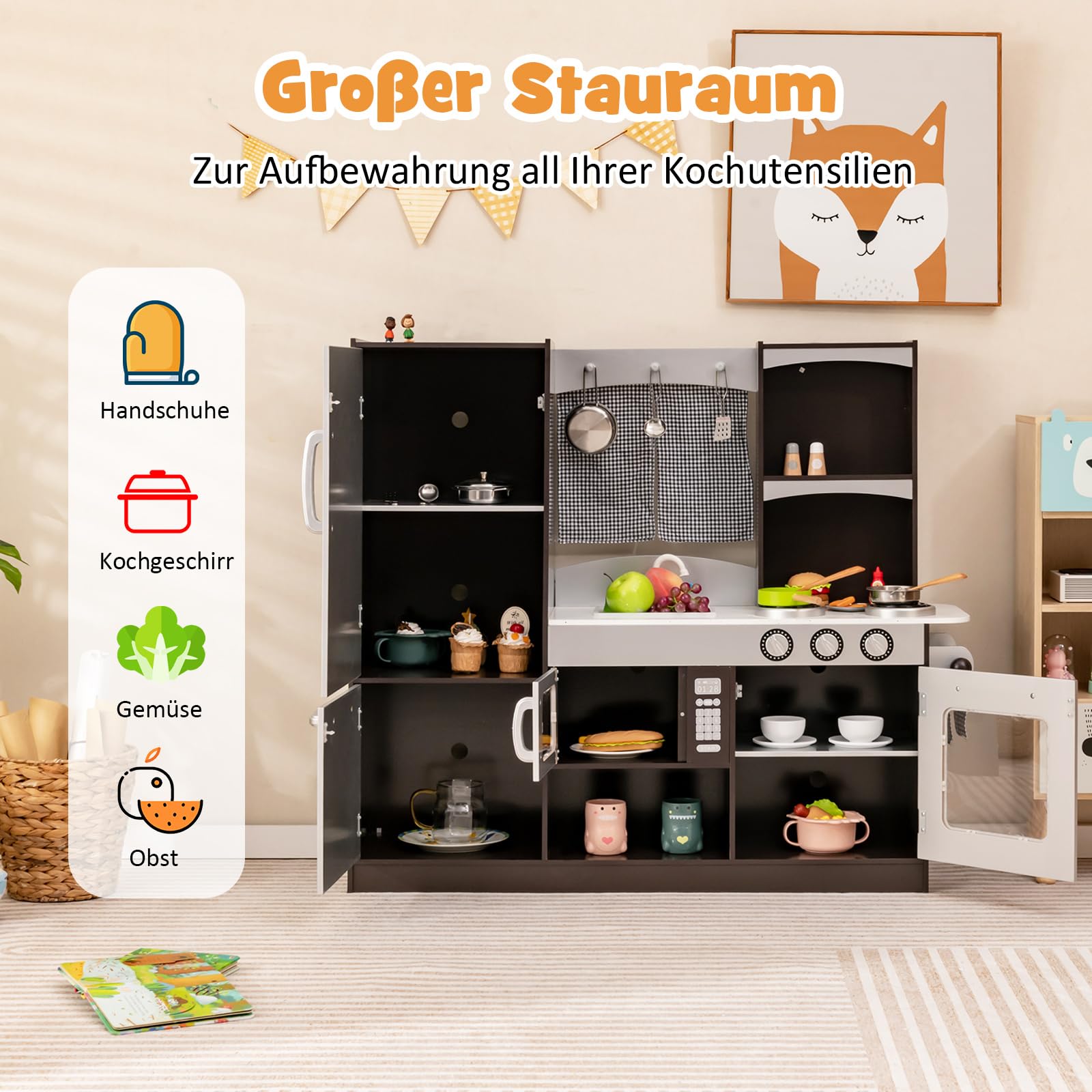 COSTWAY Kinderküche mit Kühlschrank, Kinder Spielküche Holz, inkl. Spielzubehör, für Kinder ab 3 Jahre, braun, 97 x 30 x 95cm