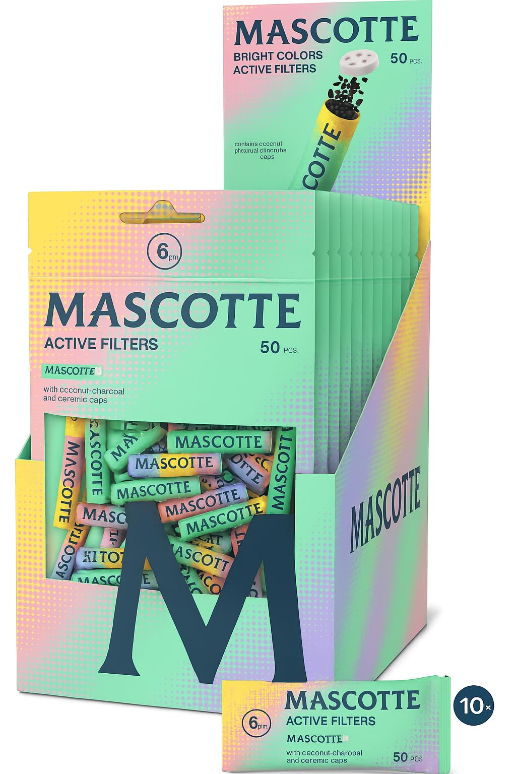Mascotte BRIGHT Colors - Filtro de carbón activo (6 mm de diámetro, 10 bolsas de 500 filtros (500 unidades), 27 mm de longitud, finos filtros de carbón activo con carbón activo