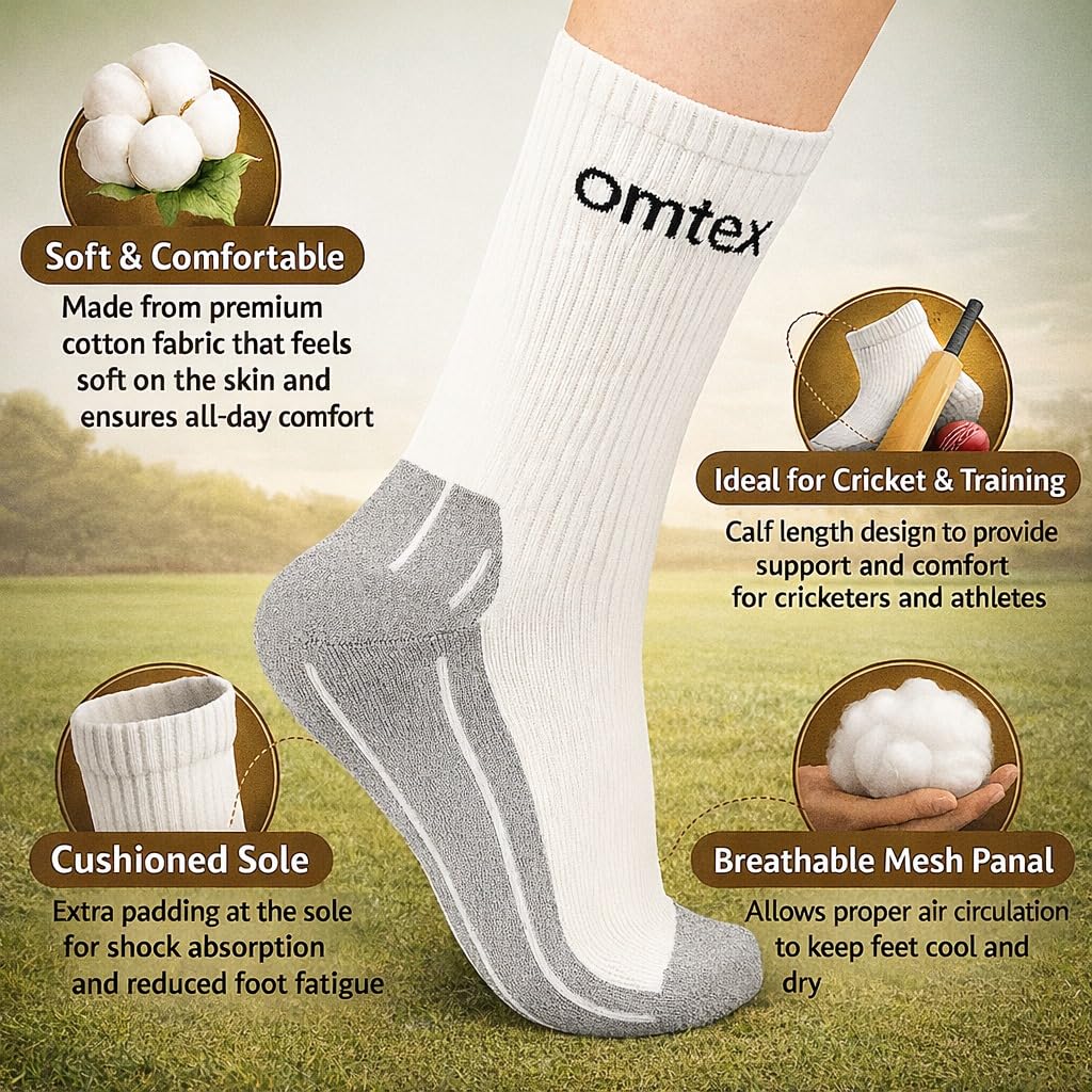 omtex Cricket ACE Plus Calf Length Socks for Men & Boys | Cotton Blend Fabric | Sweat Absorbent, Breathable, Elastic Grip, Durable Sports Socks | Free Size | Off-White | Pack of 1