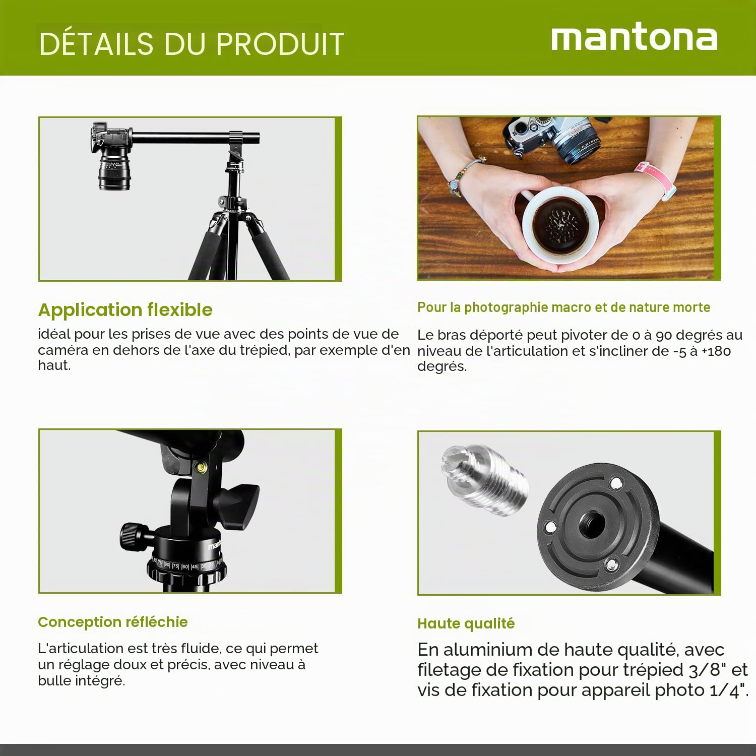 Mantona 19888 Bras d'extension pour trépied 31 cm