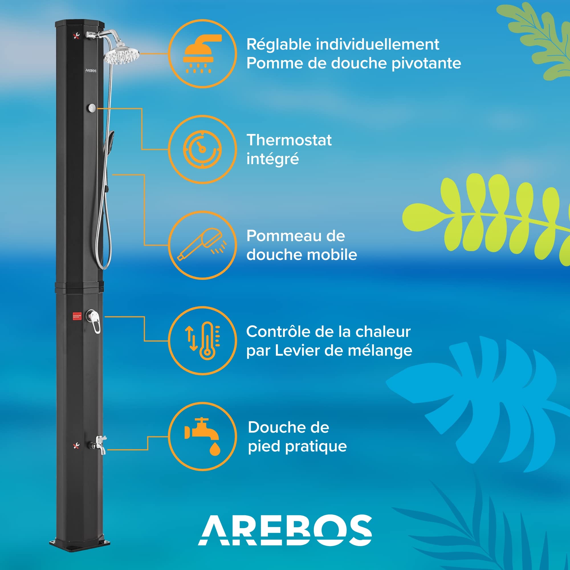 AREBOS Douche Solaire 60 L | avec douchette & thermomètre | température de l'eau jusqu'à 60°C Douche de Piscine Camping | pommeau de Douche Rond | Housse de Protection Incluse | Noir
