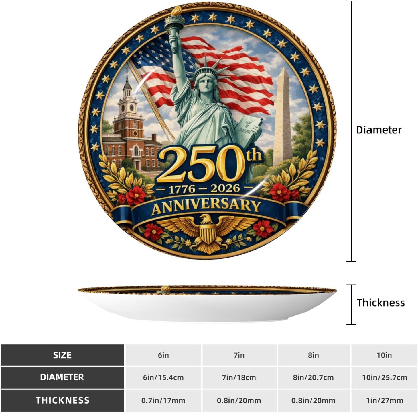 USA 250th Anniversary Ceramic Plate with Stand,10in,July 4th Eagle Decorative Plates Wall Hanging Ceramic Craft for Kitchen Cabinets Dining Room Office Home Decor,Round