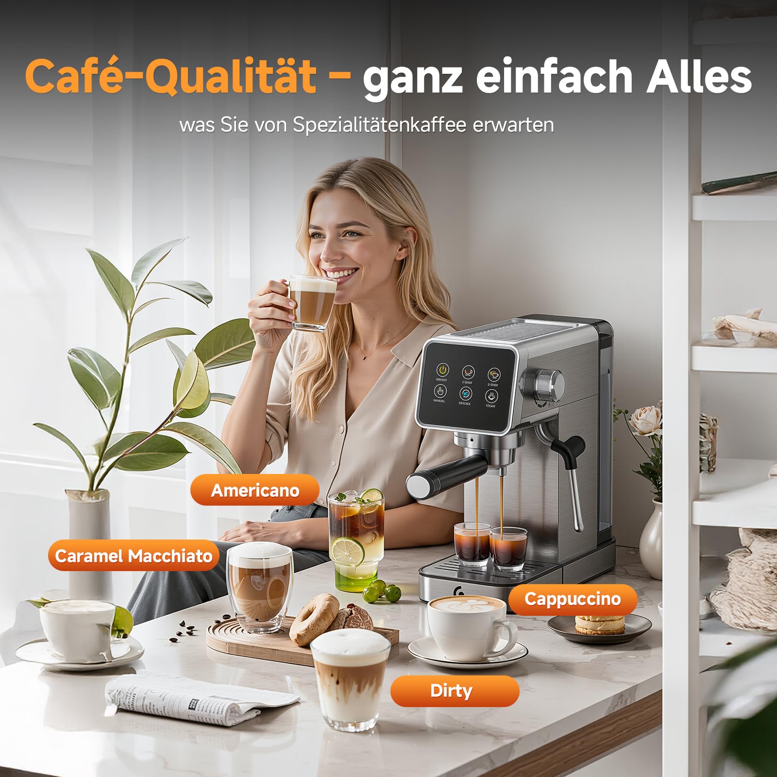 AMZCHEF Siebträgermaschine 20 Bar Espressomaschine Edelstahl LED-Touchscreen Milchaufschäumer 1,2L Wassertank