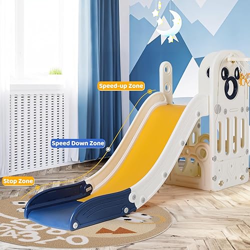 Miniatura 3 de Arlopu Tobogán 6 en 1 para niños pequeños, tobogán resistente con aro de baloncesto y telescopio, escalones antideslizantes, en forma de L para
