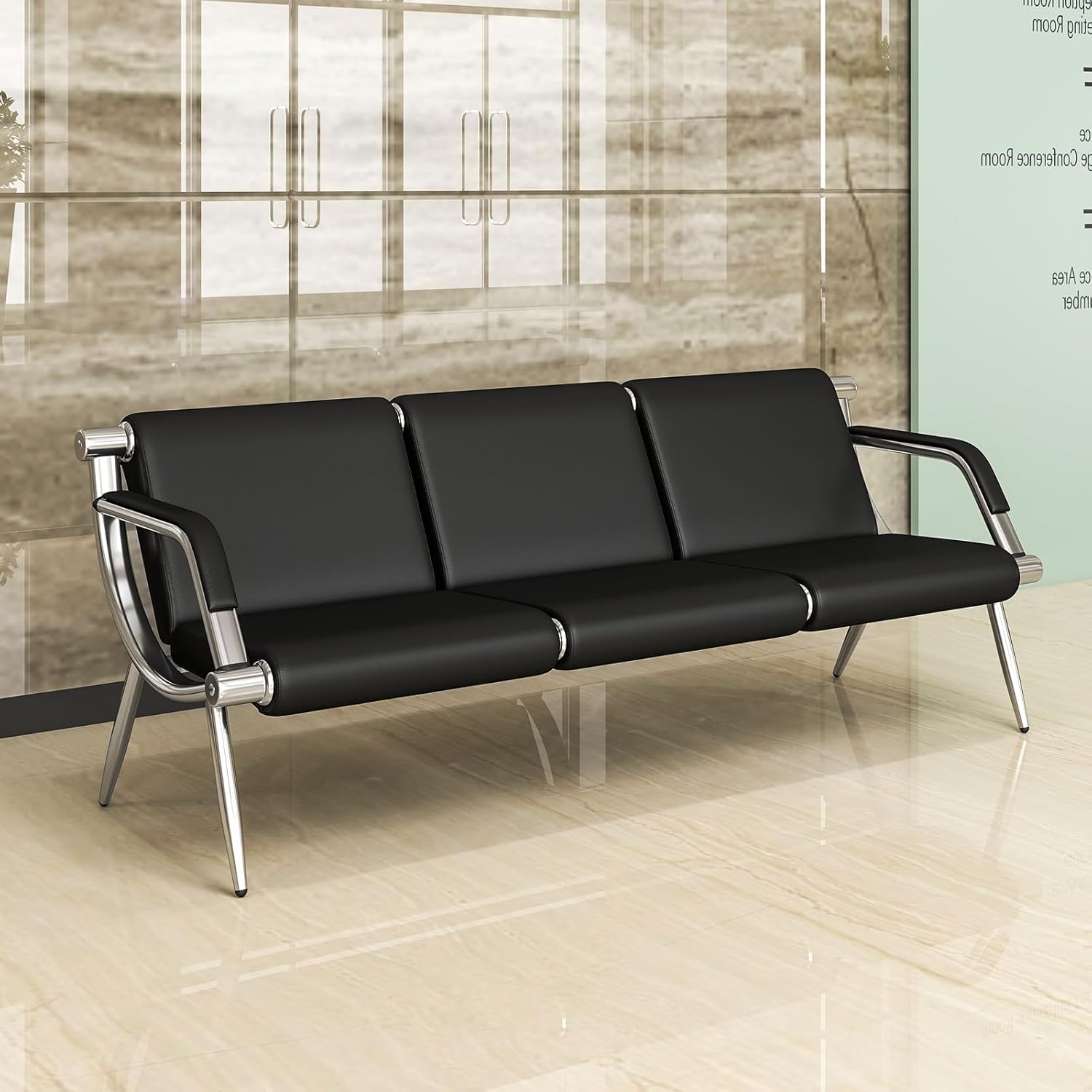 kinbor Waiting Room Chairs - 3 Seat Reception Bench Office Chair with Armrest, PU Leather Office Guest Seating Furniture for Salon Airport Hospital Bank, Black