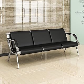kinbor Waiting Room Chairs - 3 Seat Reception Bench Office Chair with Armrest, PU Leather Office Guest Seating Furniture for Salon Airport Hospital Bank, Black