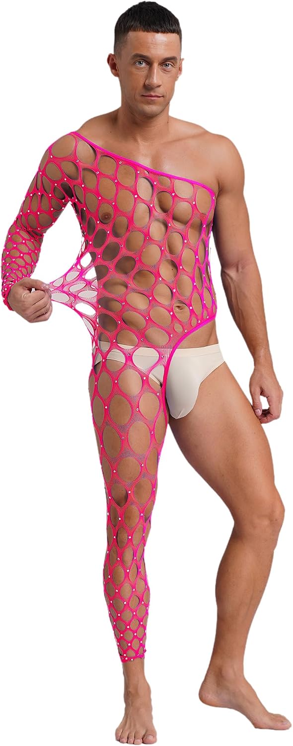 Agoky Men's One Piece Fishnet Jumpsuits Bodysuits Shiny Rhinestone Asymmetrical Underwear Unitard