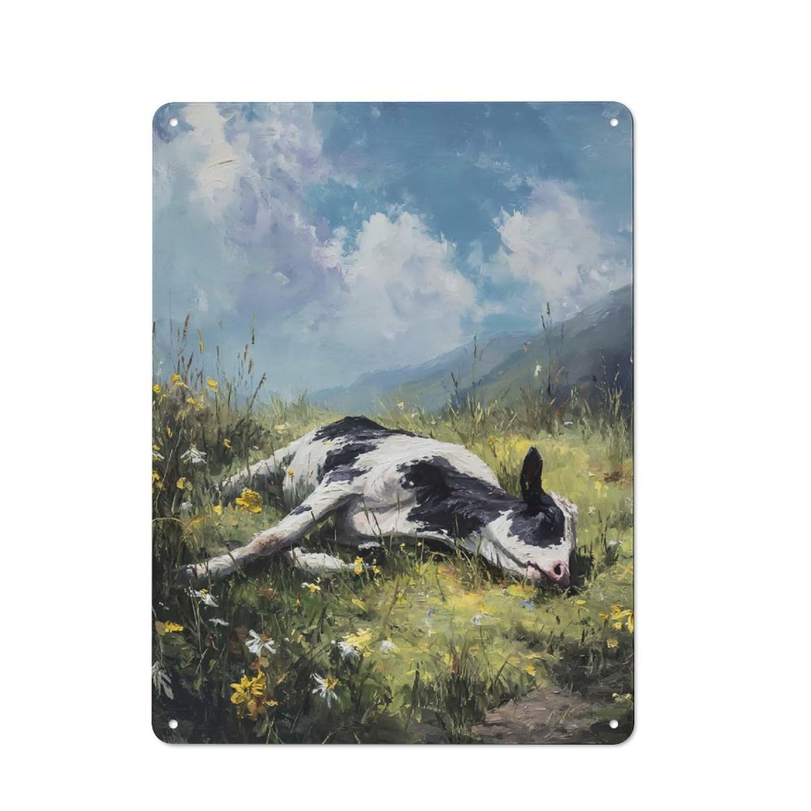 Junmoney Style-18 For Living Room Or Hallway, Cow Lying In A Field Of Flowers Vintage Metal Plaque 40X30cm, For Vintage Wall Decor Fans, For Metal Sign Collectors