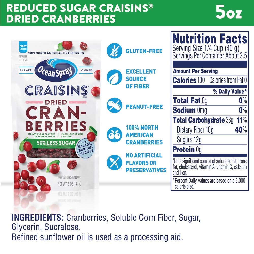 Ocean Spray® Craisins®, 50% Less Sugar Dried Cranberries, Dried Fruit, 5 Oz Pouch (Pack of 12)