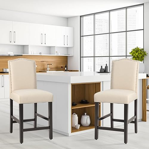 Miniatura 2 de GOFLAME Juego de 2 taburetes de bar, modernos taburetes de bar tapizados con asiento acolchado, sillas con respaldo y patas de madera de goma, juego