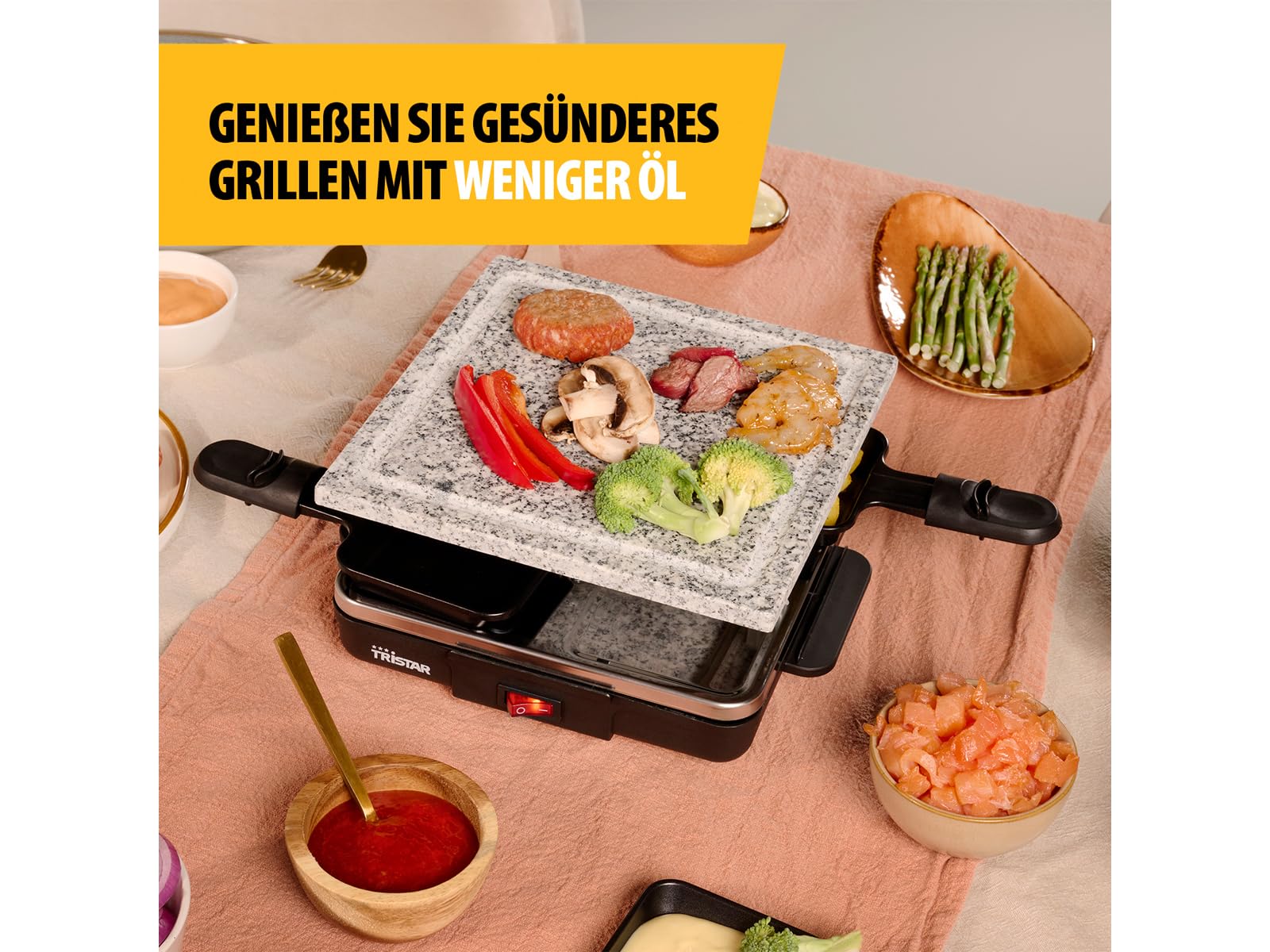 Raclette con placa de piedra, 21 x 21 cm, para 4 personas, 600 W