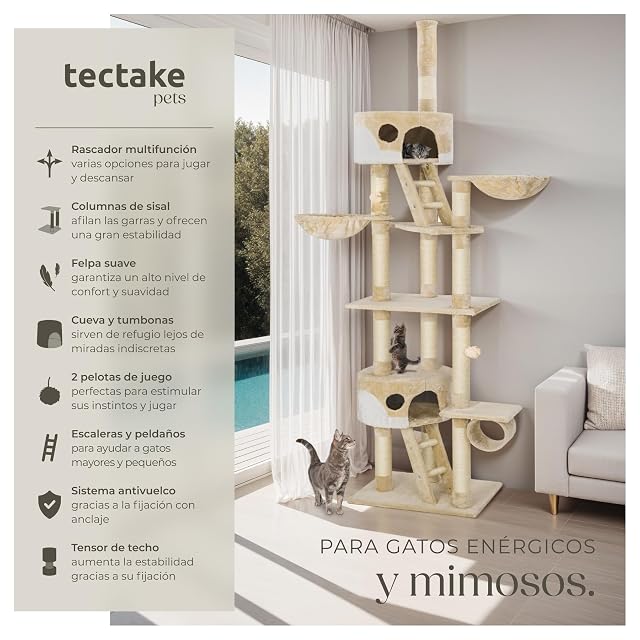 Foto 2 de 8 de tectake® Árbol para Gatos Rascador, 2 Casetas, Varias Alturas, 3 Plataformas, Protección Antivuelco, Cama…