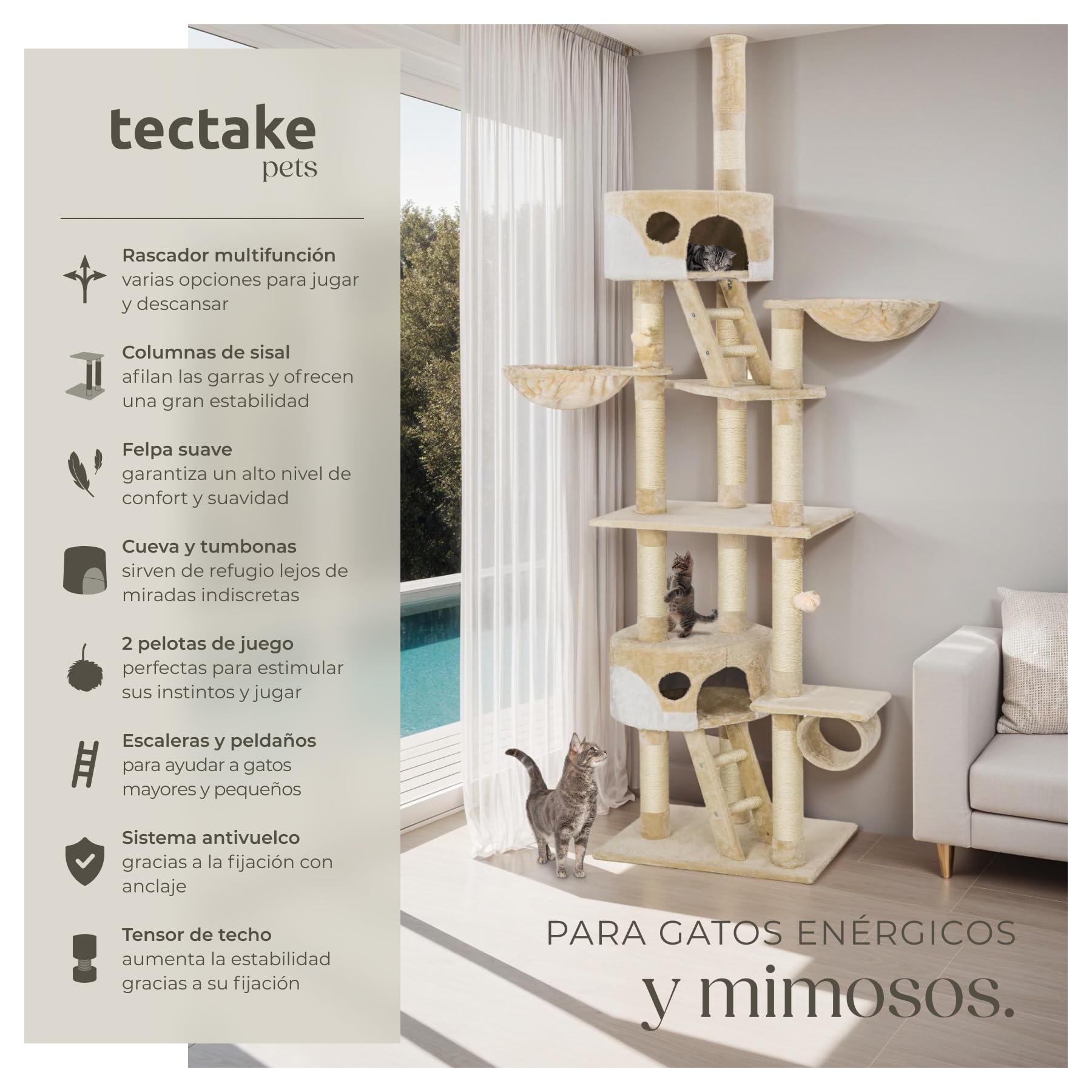 tectake® Árbol para Gatos Rascador, 2 Casetas, Varias Alturas, 3 Plataformas, Protección Antivuelco, Cama Gatos, Juguetes para Gatos, Rascadores para Gatos, Torre Gatos - Beige/Blanco