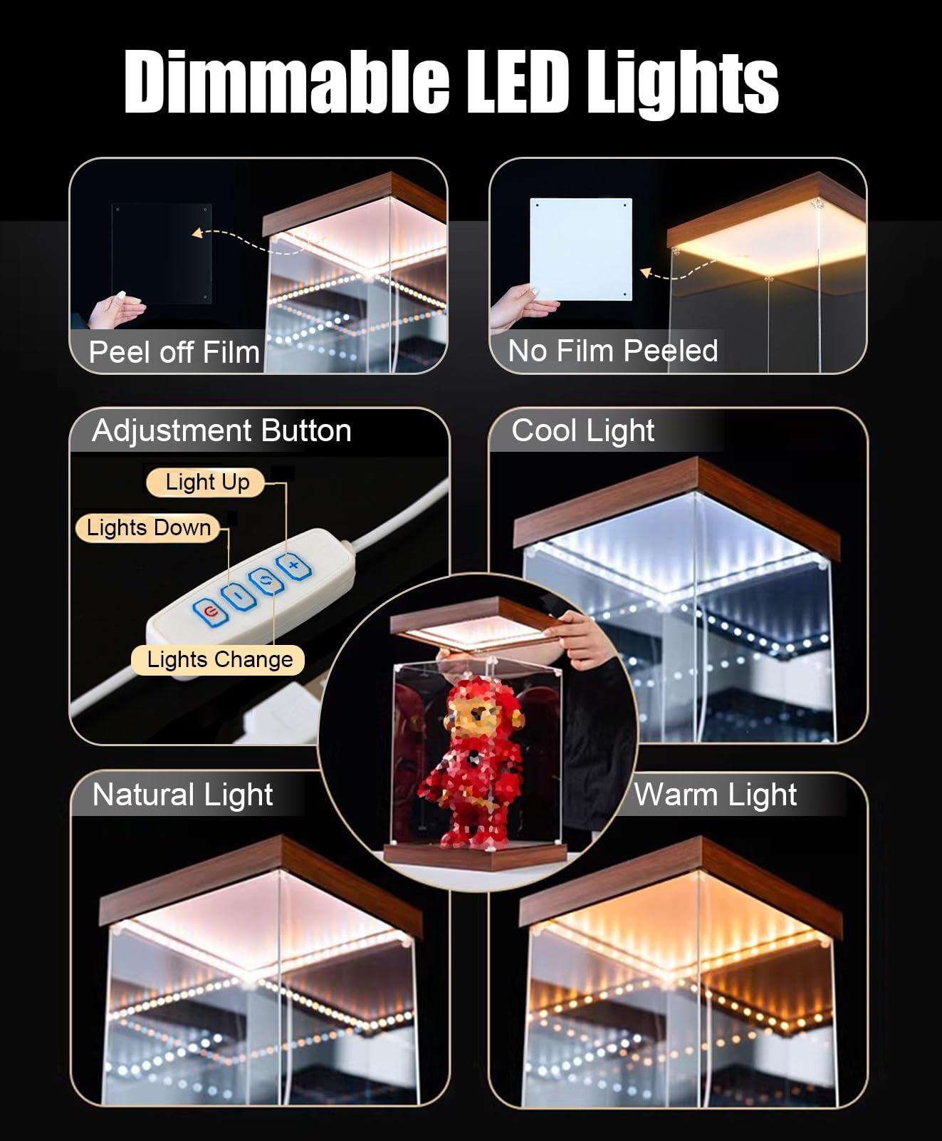 Teca Plexiglass Vetrina Lunga Trasparente Dimmerabile con Base e Coperchio | Grande Vetrina Antipolvere in Acrilico per Bambole e Statuette, Scatola Portaoggetti Illuminata(40x30xH30cm/16x12x12in)