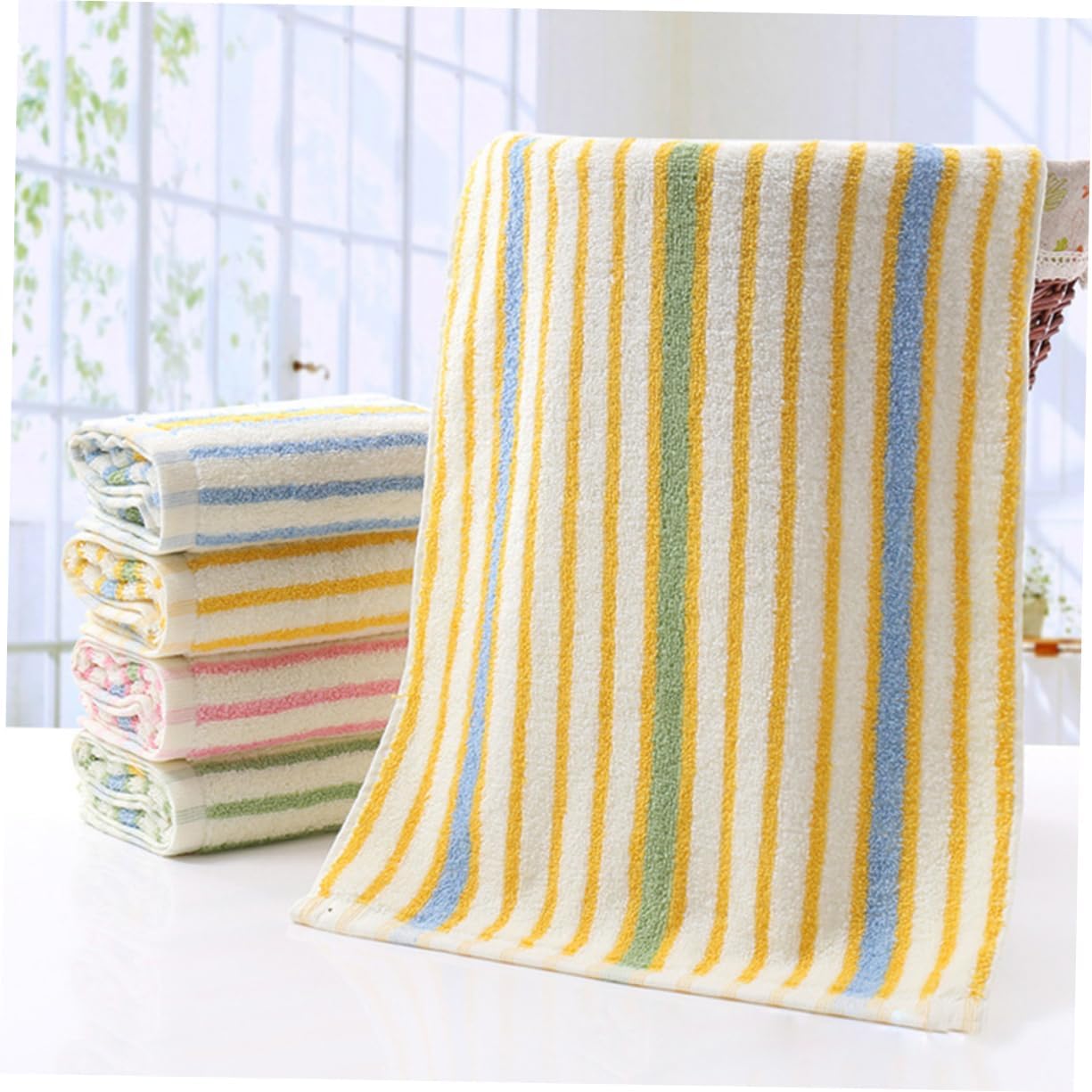 SHOWERORO Chic Striped Towels Set 4 Cotton Hand Face Towels Soft Absorbent Fade Resistant for Bathroom Decor Style