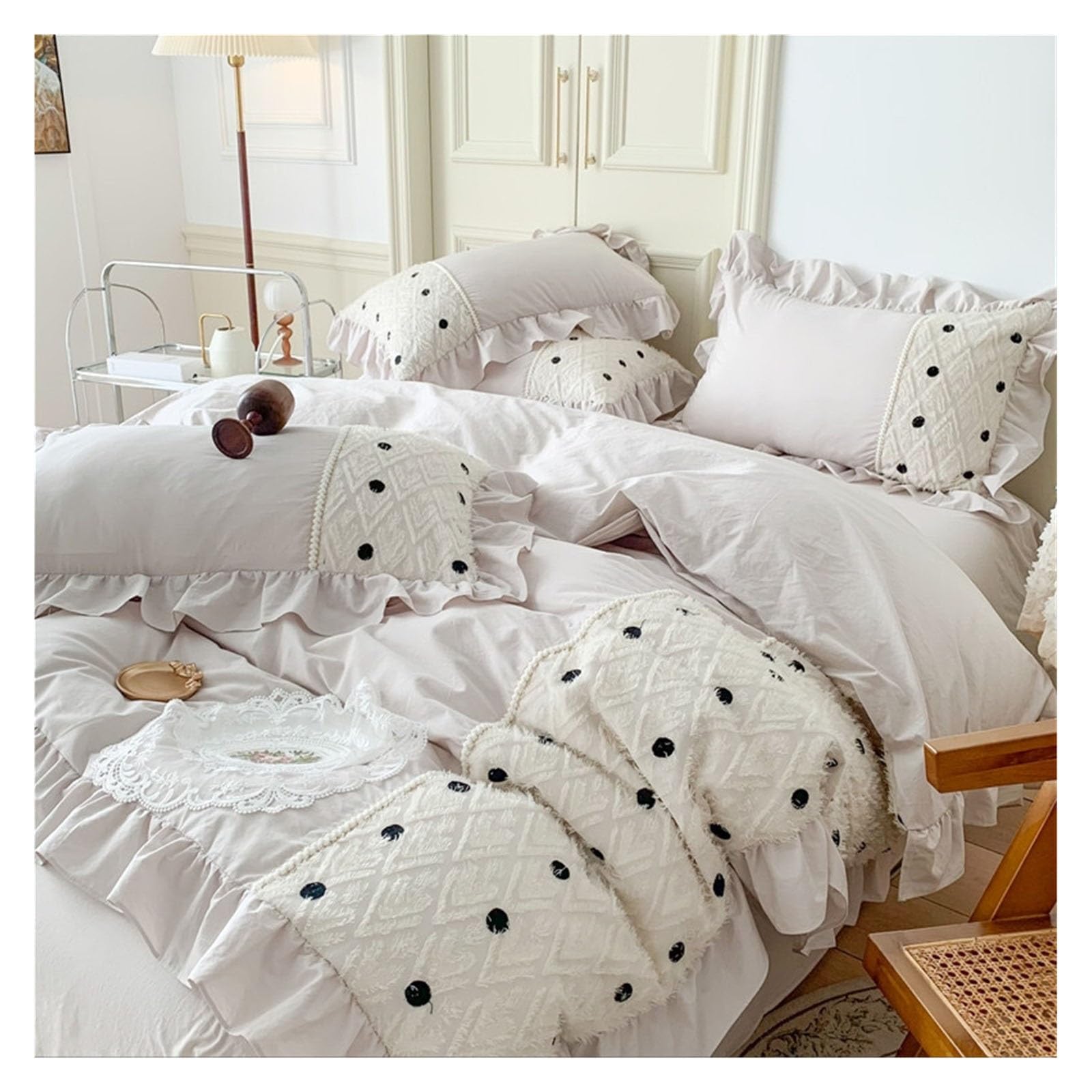 Housse de couette lit 1.5m parure de lit 4 pièces coton lavé gris à pois