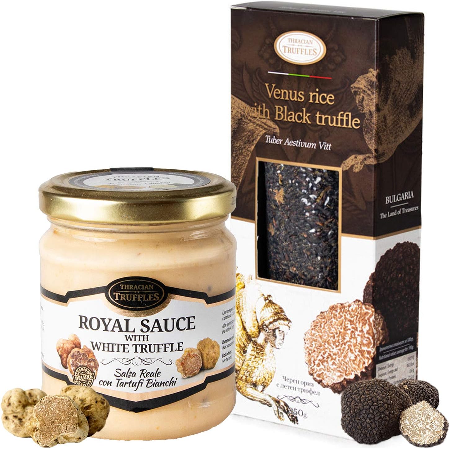 Black Venus Rice with Black Summer Truffle Tuber Aestivum Rich in Weight Body Control 250g and White Truffle Tuber borchii 👑 Tuber MAGNATUM PICO 👑 Royal 👑 Gourmet Sauce with Cream and Cheese 180g