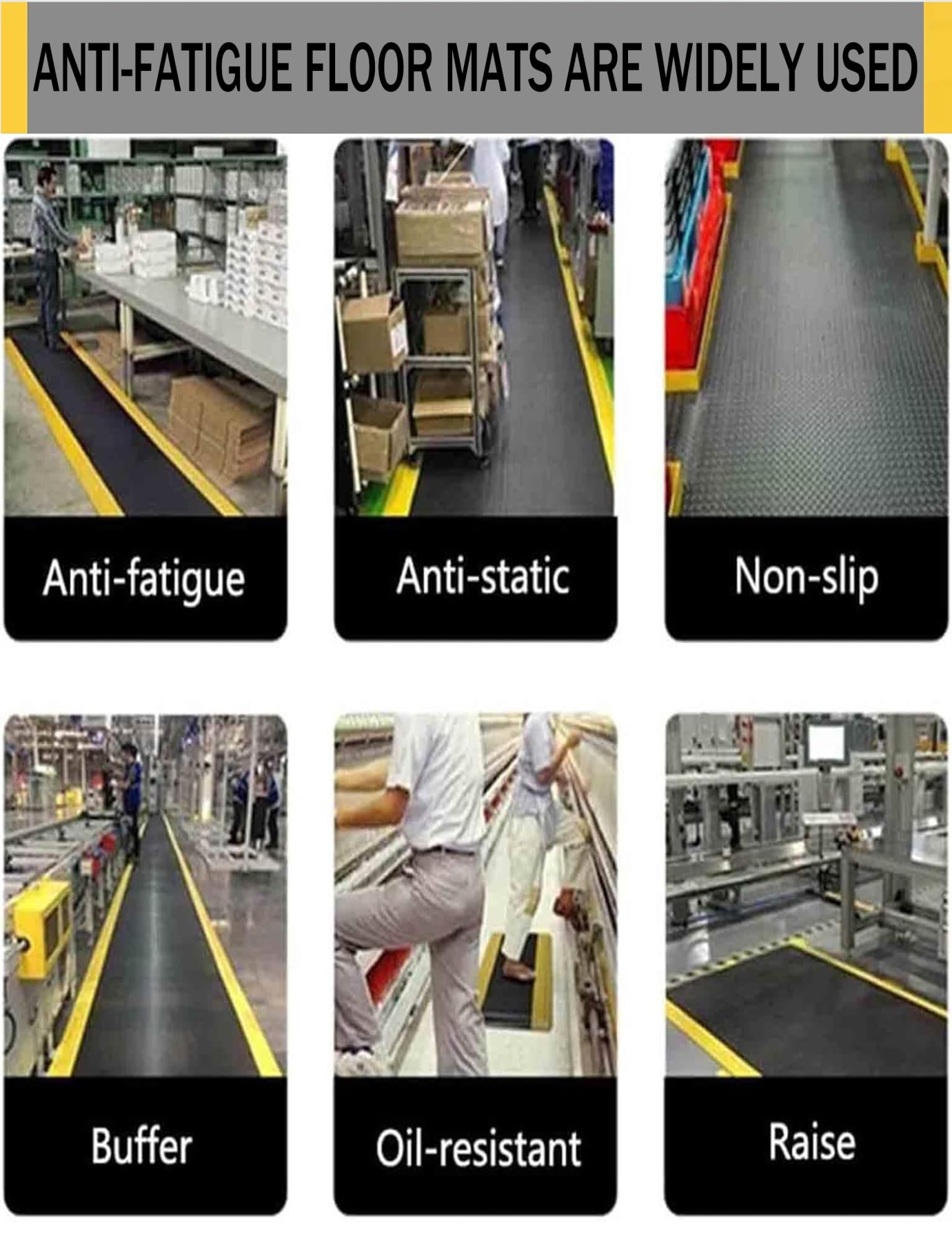 Tappeto antifatigue industriale in PVC, 2cm spessore, con bordo giallo | Allevia dolore schiena e gambe, adatto a scrivania in piedi, cucina, magazzino, officina(Grey,45X60cm)