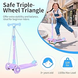 BELEEV Scooter for Kids Ages 3-12,3 Wheel Scooter for Toddler Girls Boys, Light-Up Wheels,5 Adjustable Height,Lean to Steer,Extra-Wide Deck, Three Wheel Kick Scooter for Children (Blue Purple)