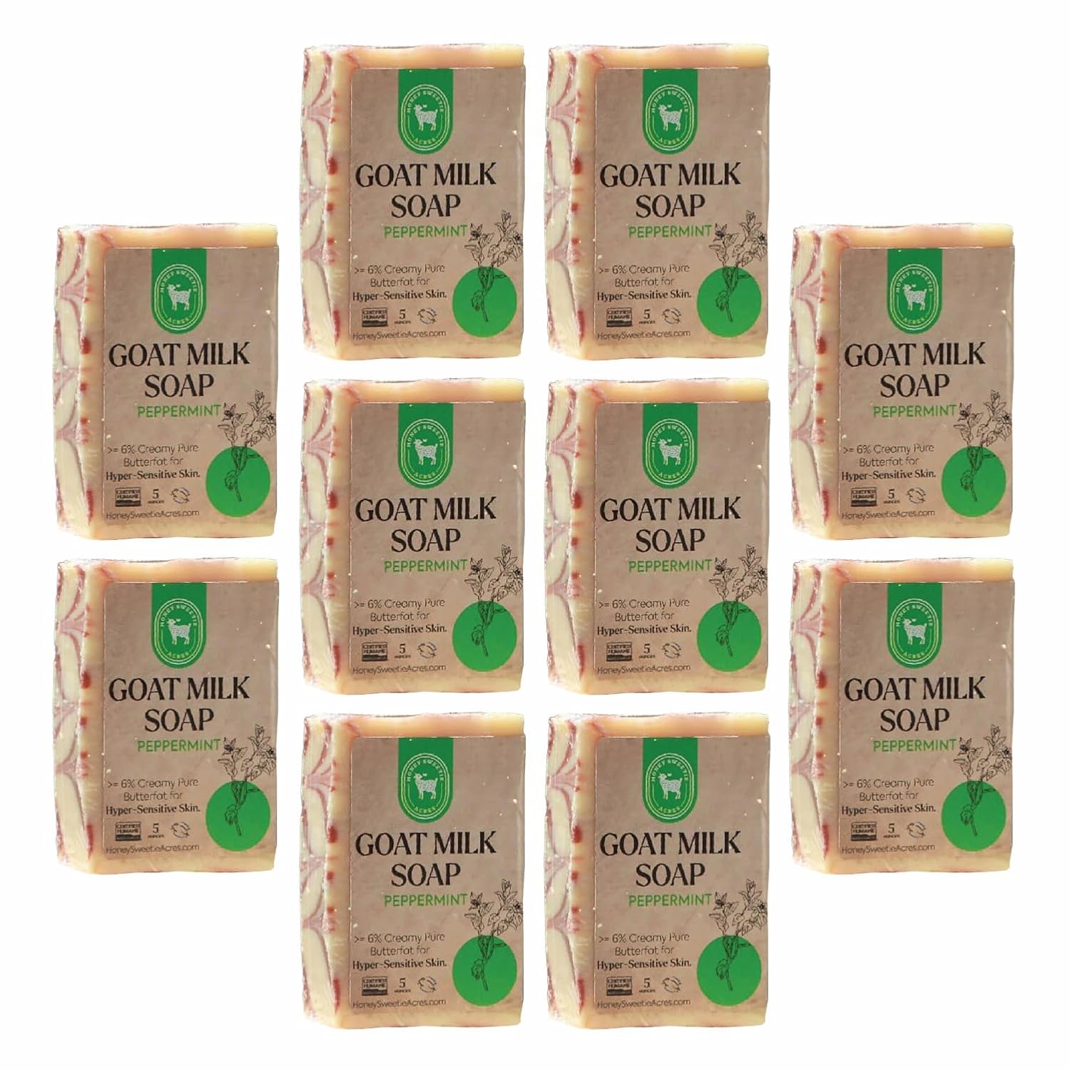 Honey Sweetie Acres 10-Pack of Peppermint Goat Milk Soap - Handmade 5 oz Bar, Made with Natural Ingredients, Moisturizing & Gentle, Made in the USA