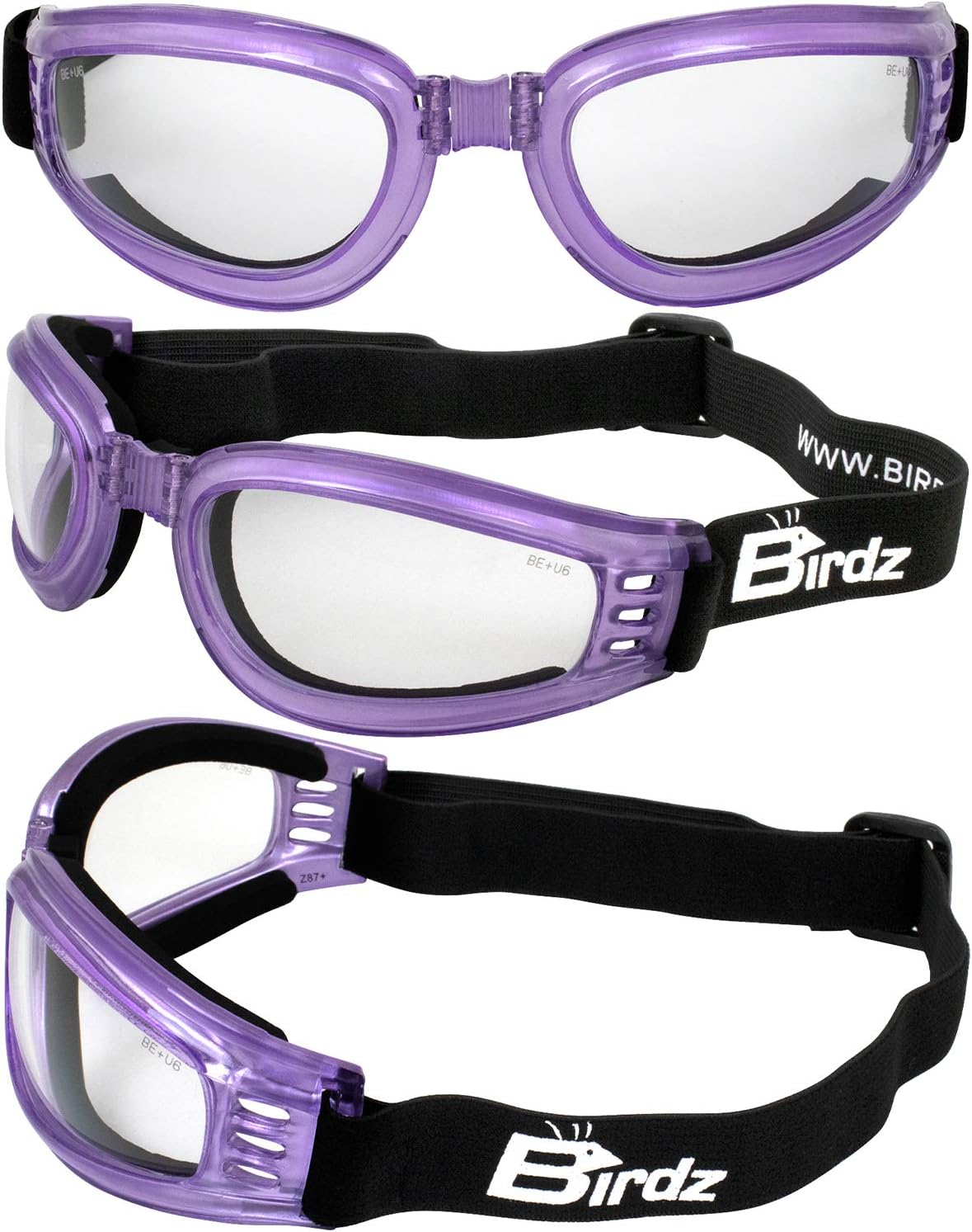Birdz 2 Pairs of Eyewear Cardinal Women's Purple Padded Motorcycle Goggles with Super Dark & Clear Lenses - Image 6