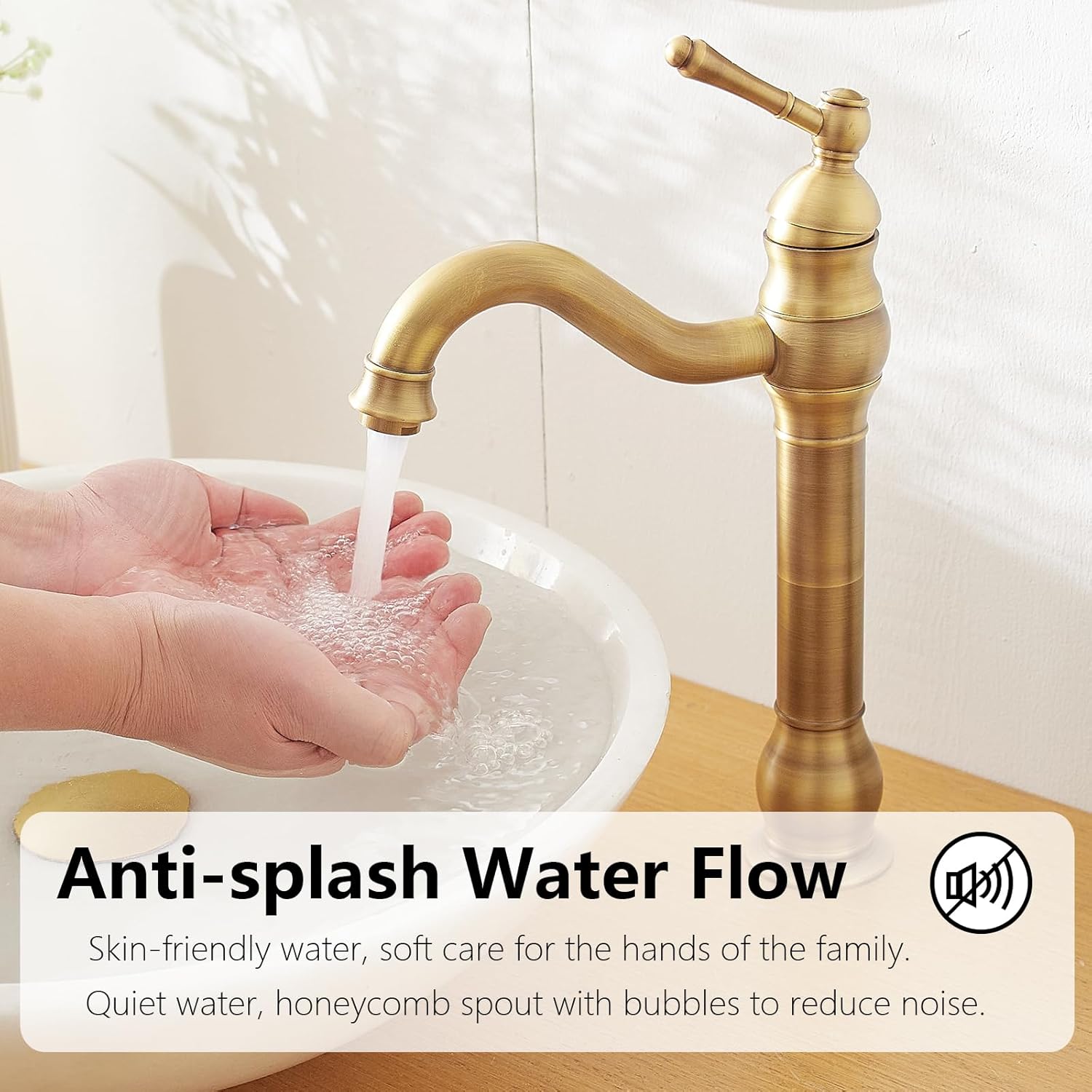 Antique Brass Vessel Sink Faucet 360° Swivel for Bathroom Bowl Sink Single Hole Farmhouse Tall Commercial Vanity with Pop Up Drain Without Overflow Combo