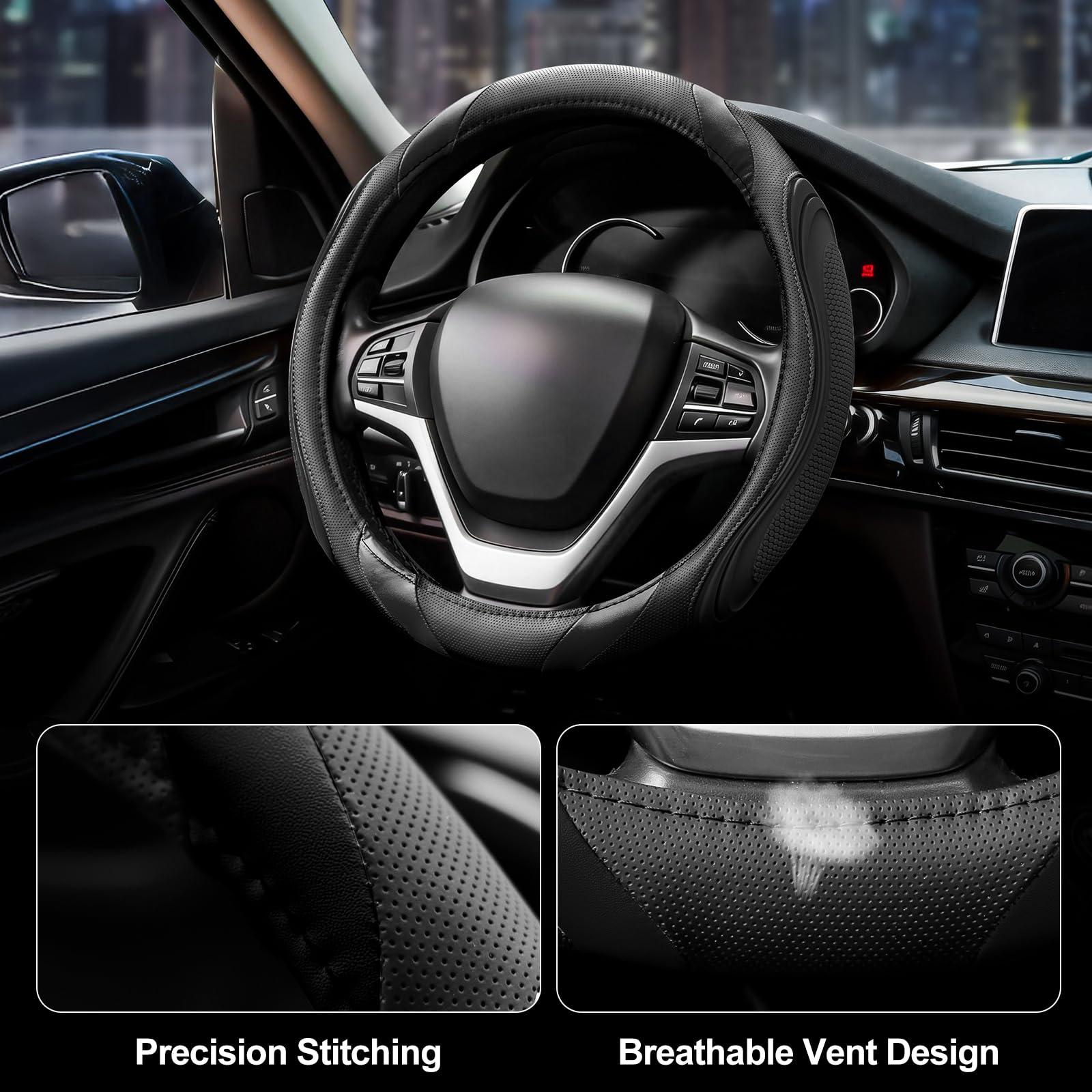 Coprivolante Auto in Pelle - Nastro Coprivolante Antiscivolo Cuoio Universale 37-38cm, Sportage Copertura del Volante Traspirante, Nero