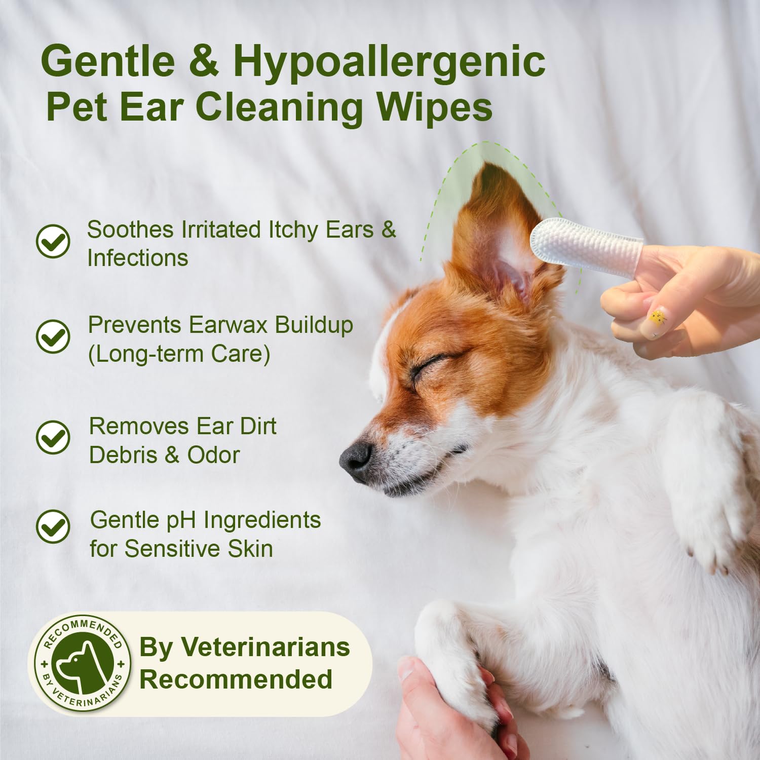 Dog Ear Finger Wipes for Dogs & Cats, Thicker Dog Ear Cat Ear Cleaner Wipes, Dog Ear Infection Relief to Relieve Ear Itching, Remove Ear Wax, Dirt, Smelly - Fresh Green Tea Scent - image 2