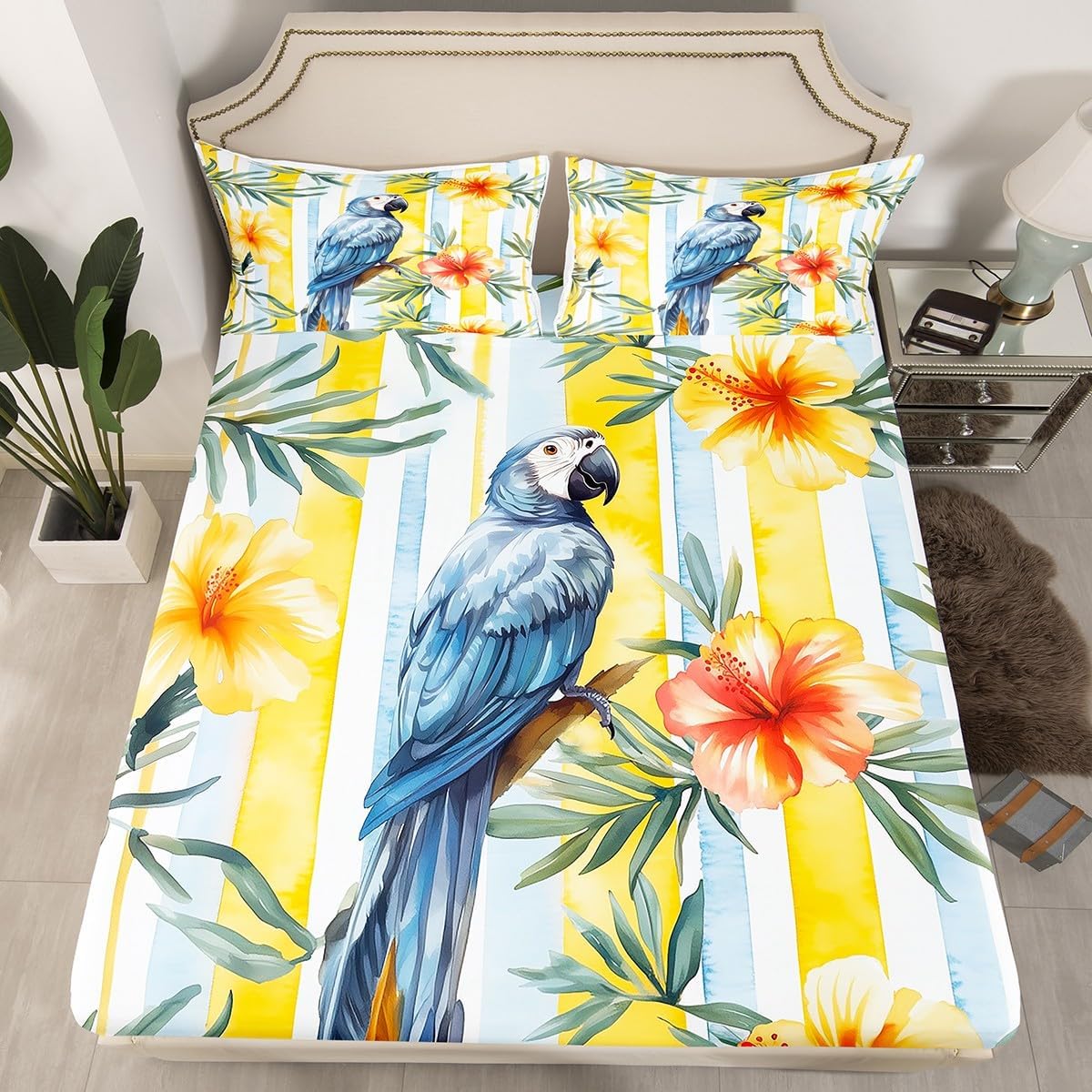 Blue Parrot Fitted Sheet Full Size Tropical Flowers Botanical Bedding Set 3Pcs(No Flat Sheet) Jungle Animal Birds Bed Sheet for Boys Girls Teens Room Decor Geometric Stripes Deep Pocket Sheet