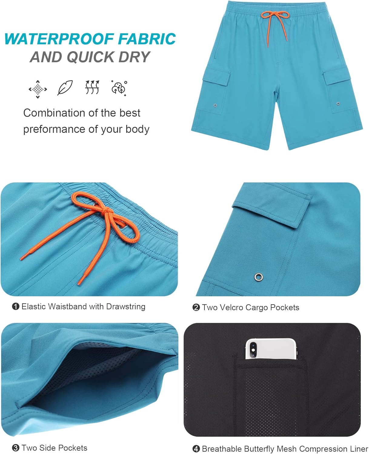 SILKWORLD Men's Swim Trunks with Compression Liner Quick Dry Bathing Suits 9 Inch Swimming Shorts with Cargo Pockets - Image 5