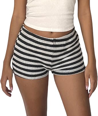 UAURORAO Women Y2k Striped Knitted Shorts Low Waist Color Block Lounge Shorts Strechy Going Out Micro Shorts Loungewear