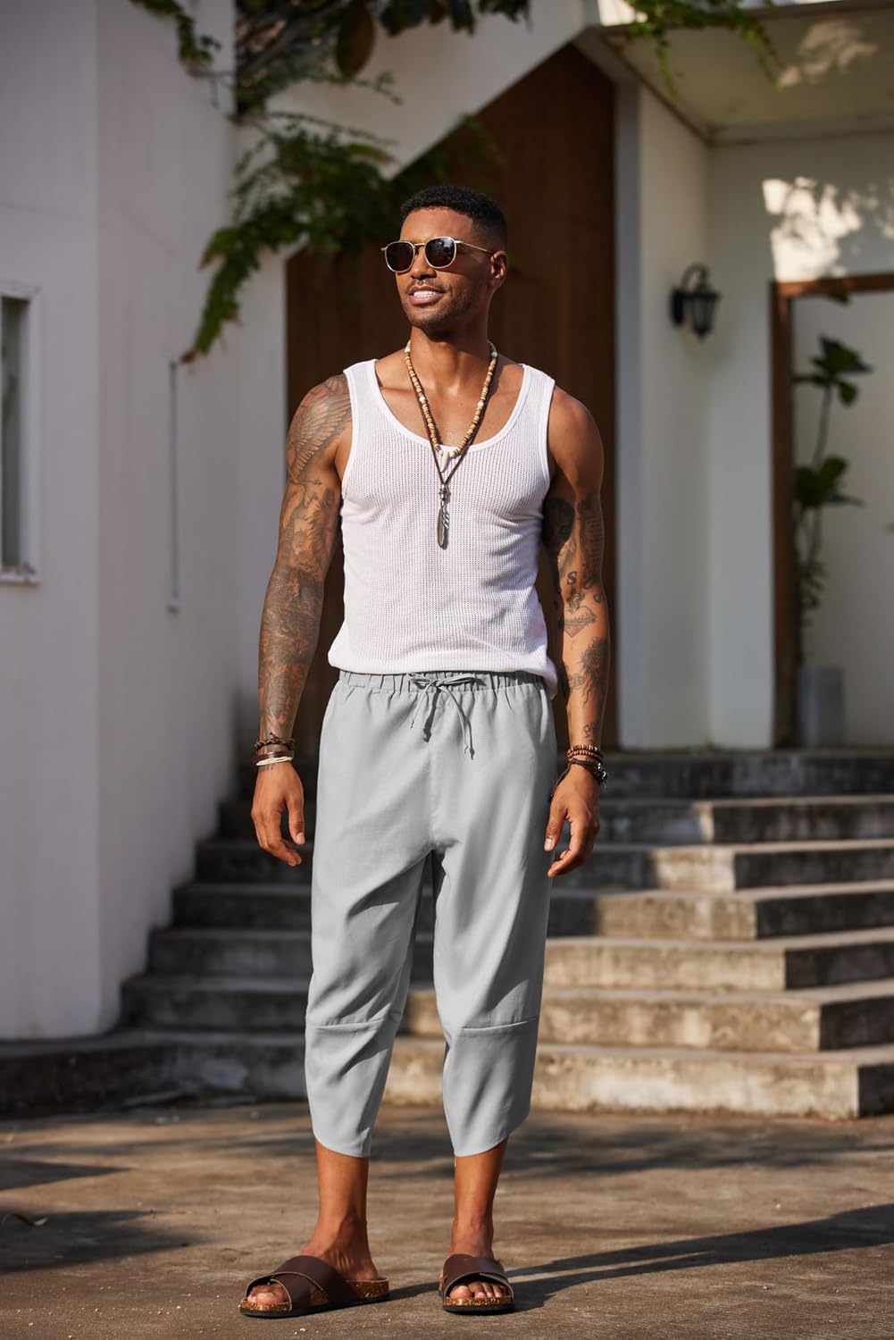 COOFANDY Men's Linen Harem Capri Pants Lightweight Loose 3/4 Shorts Drawstring Elastic Waist Casual Beach Boho Yoga Trousers - Image 3